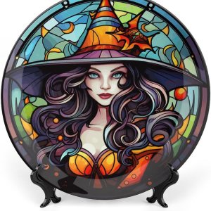 Platos decorativos de bruja con sombrero naranja para decoración del hogar de Halloween, platos de cerámica con diseño de vitrales para sala de Platos decorativos de bruja con sombrero naranja para decoración del hogar de Halloween, platos de cerámica con diseño de vitrales para sala de