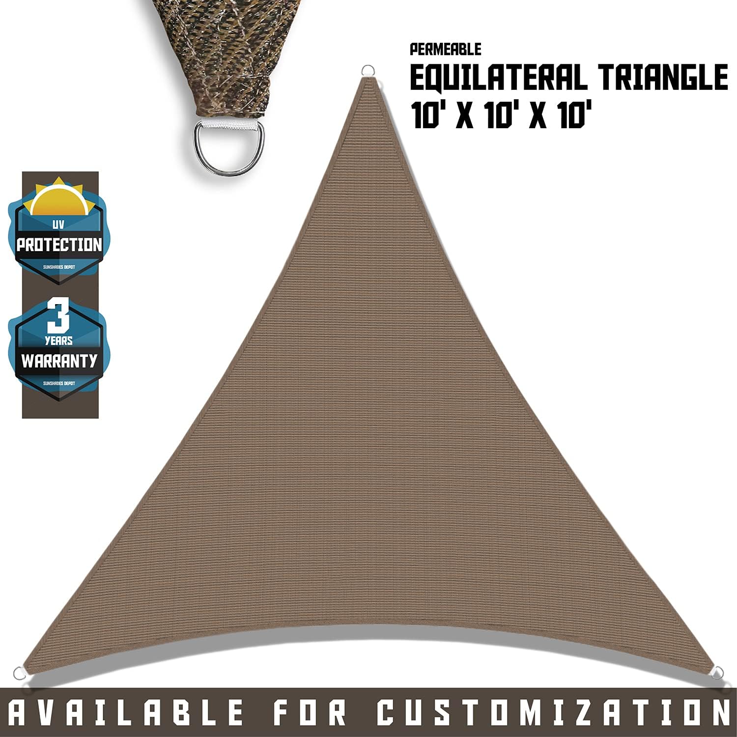 Tang toldo de sol, velas de sombra 180GSM HDPE Equilateral Triángulo Permeable Toldo estándar comercial personalizable, Marrón