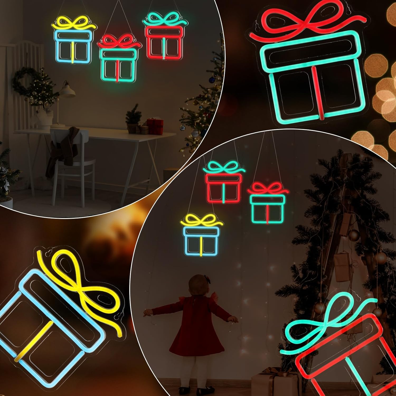 ROCEEI 3 letreros de neón de Navidad, caja de regalo de luces de neón de Navidad, luces LED de neón, barra de pared USB, decoración de sala de estar