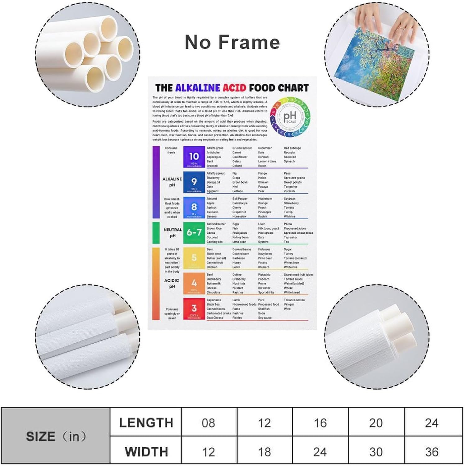 FGRID Póster educativo con texto en inglés The Alkaline Acid Food Chart Food Chart, póster educativo de nutrición para dormitorio, sala de estar, 12