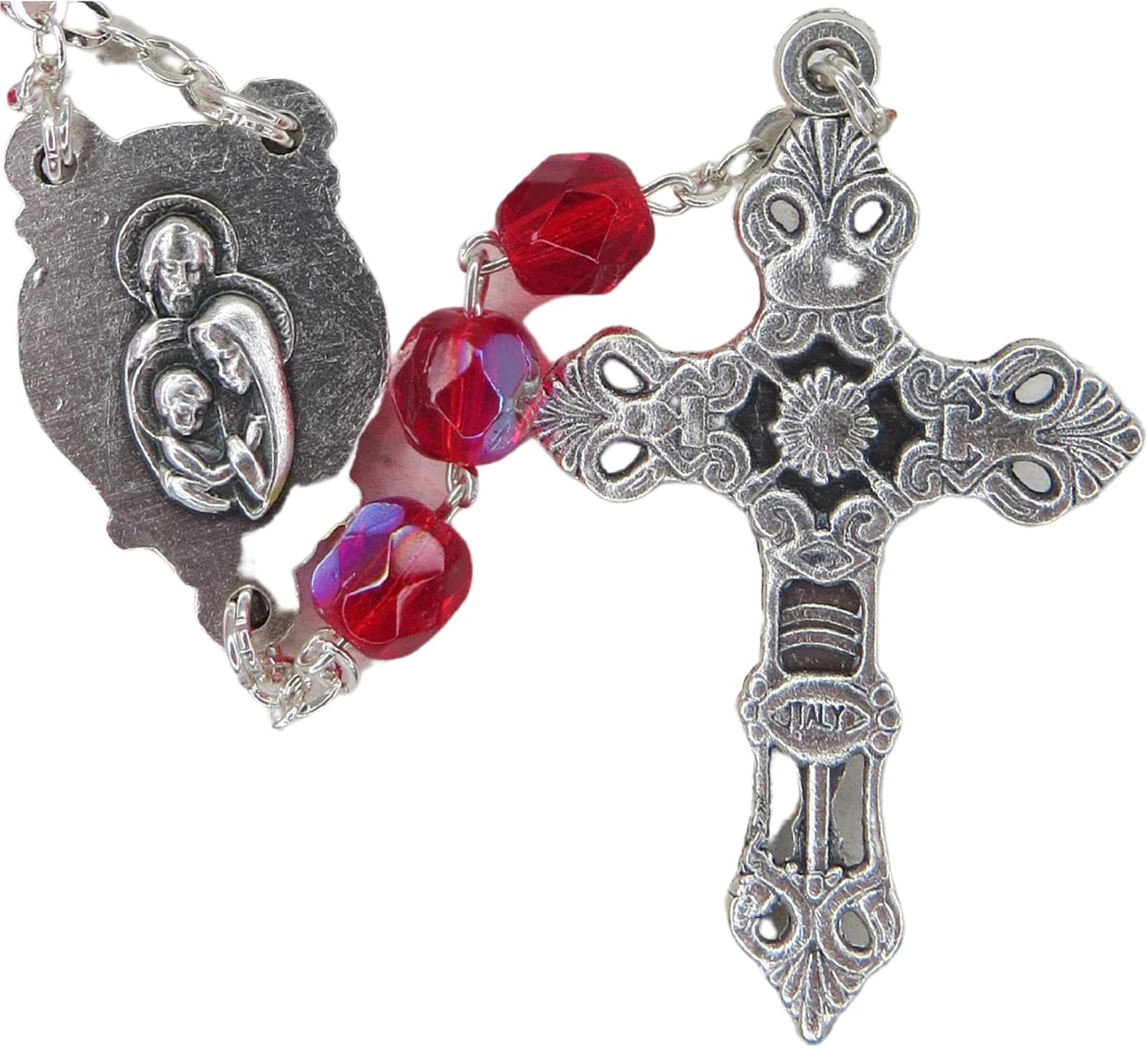 Juego de tarjeta de oración católica y rosario, coronilla de la sangre más preciosa y cuentas rojas con crucifijo en tono plateado y medalla de