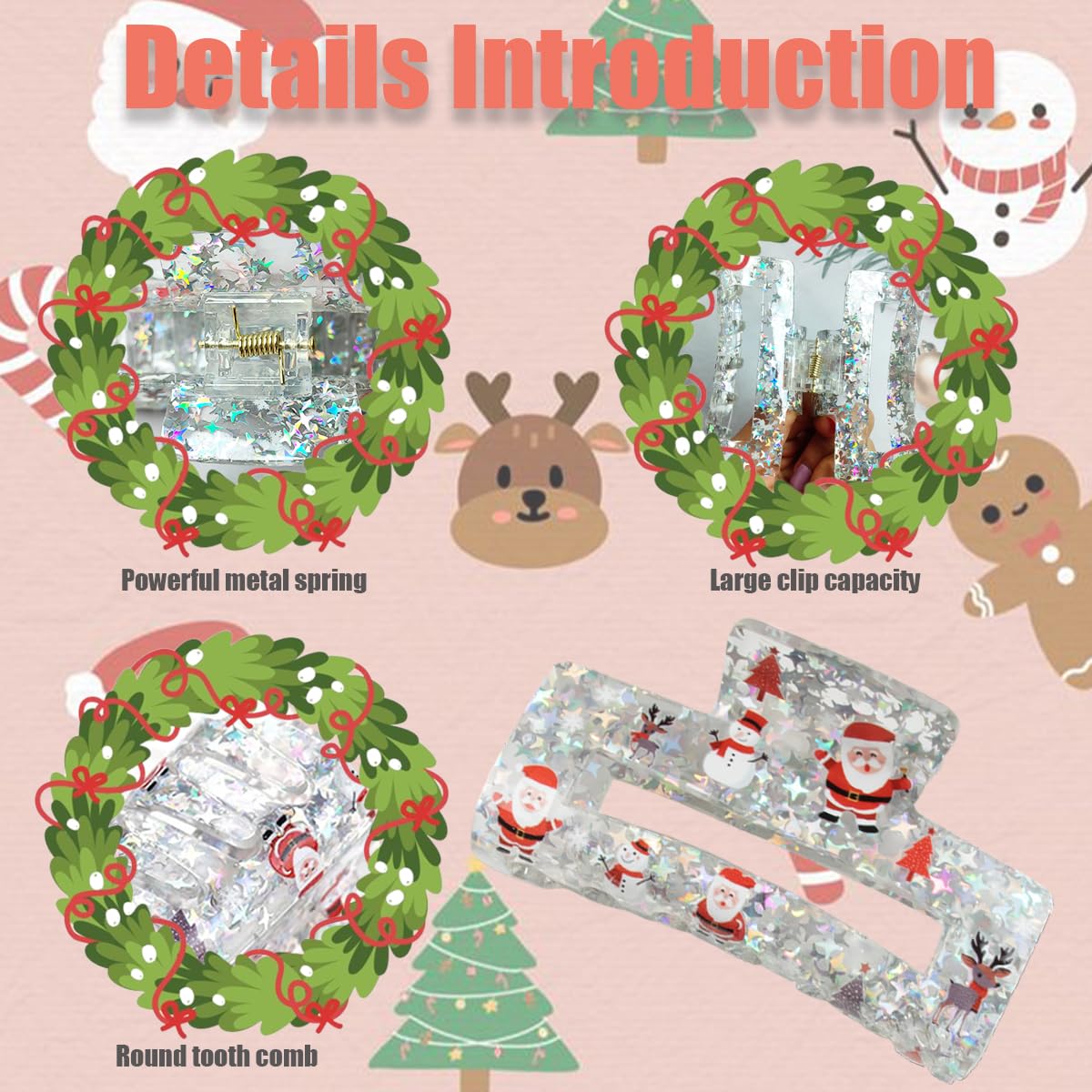 Pinzas para el cabello de Navidad, cuadradas, transparentes, grandes, para accesorios de peinado de cabello medio grueso, 1 unidad, decoraciones
