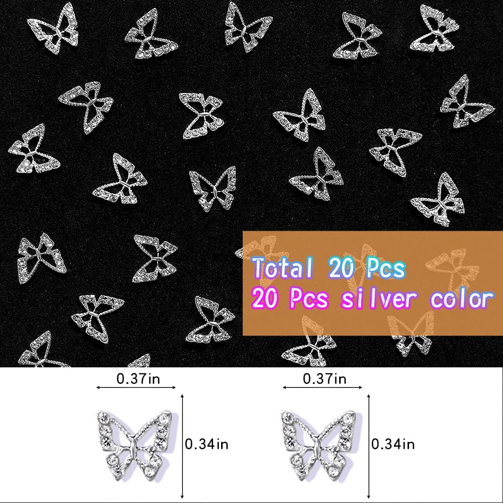 20 dijes de aleación de mariposa para uñas, gemas de mariposa de metal 3D, diamantes de imitación de uñas de cristal brillante para uñas acrílicas,