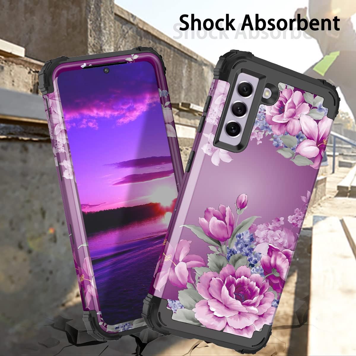 LONTECT Funda protectora híbrida resistente 3 en 1 para Galaxy S21 FE 5G (no compatible con S21 5G), diseño floral, a prueba de golpes, resistente,