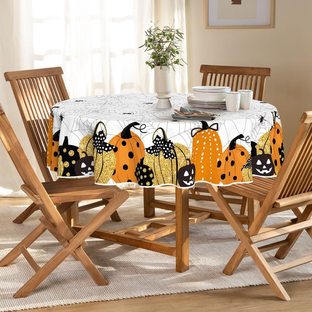 Horaldaily Mantel redondo de Halloween de 70 x 70 pulgadas, diseño de telaraña de calabaza con temática aterradora, lavable, para decoración de