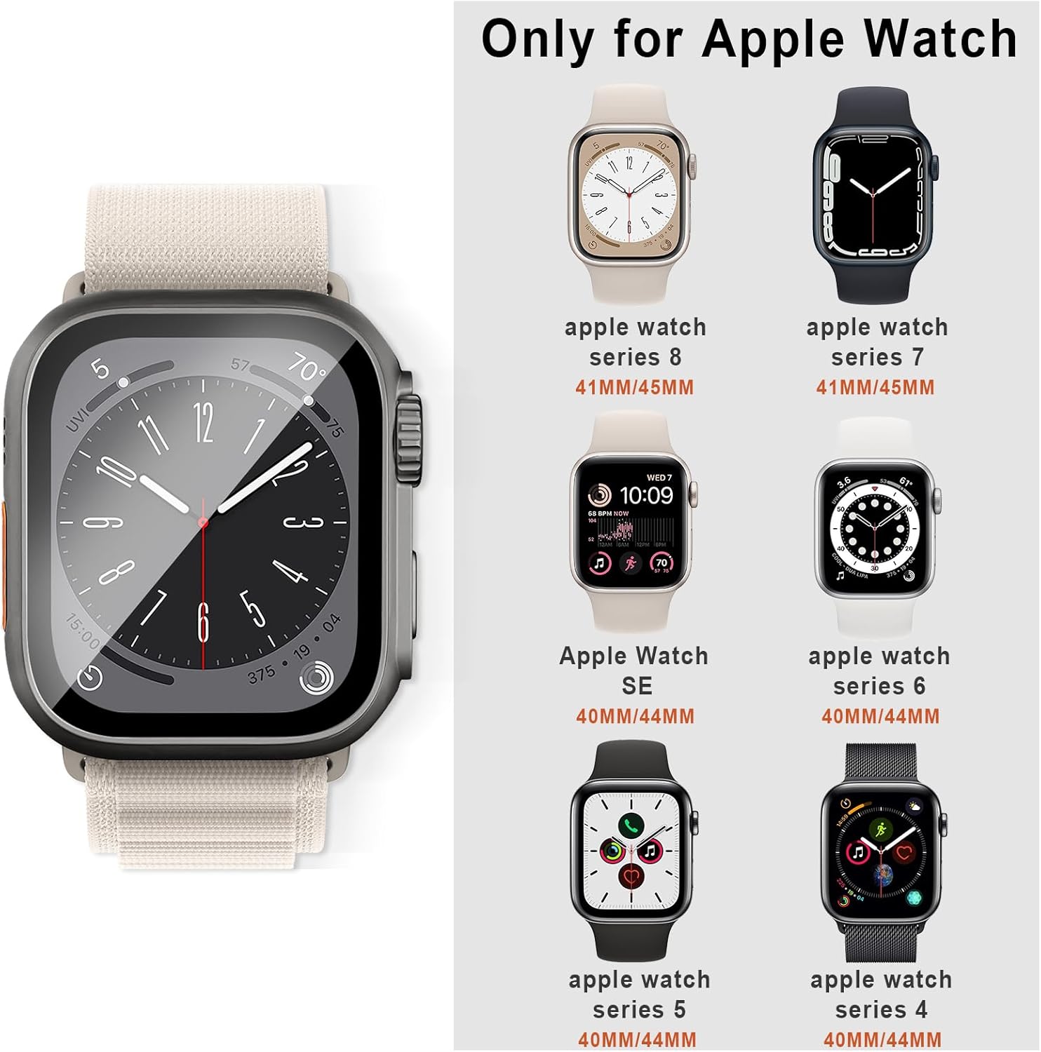 Paquete de 4 fundas integradas de vidrio templado para Apple Watch Series 8, 7, de 1.772 pulgadas (actualización a iwatch Ultra), cubierta general