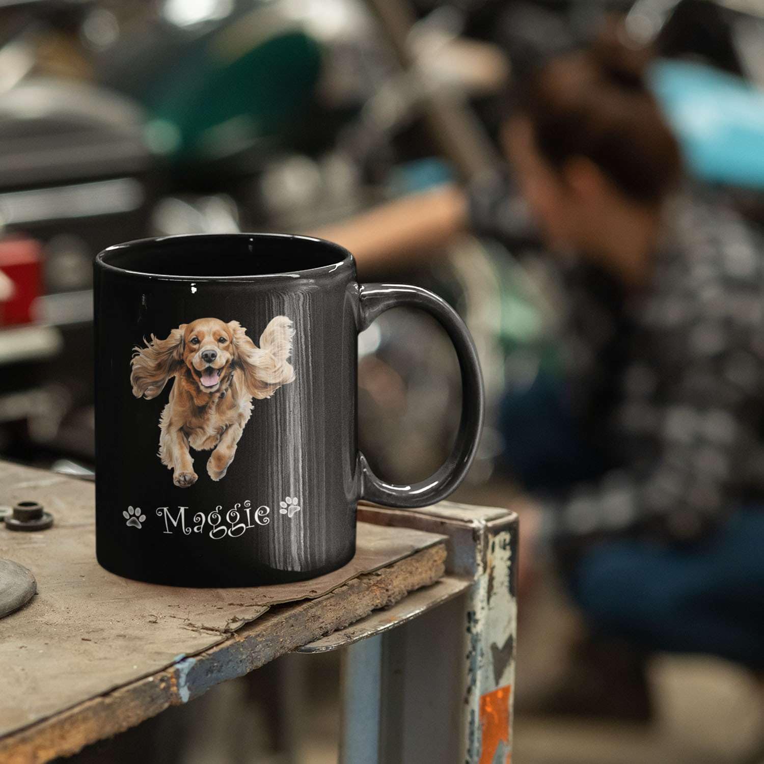 Taza de té de perro Happy Cocker Spaniel personalizada para abuelos, taza de café con nombre personalizado de 11 onzas y 15 onzas, taza de cerámica