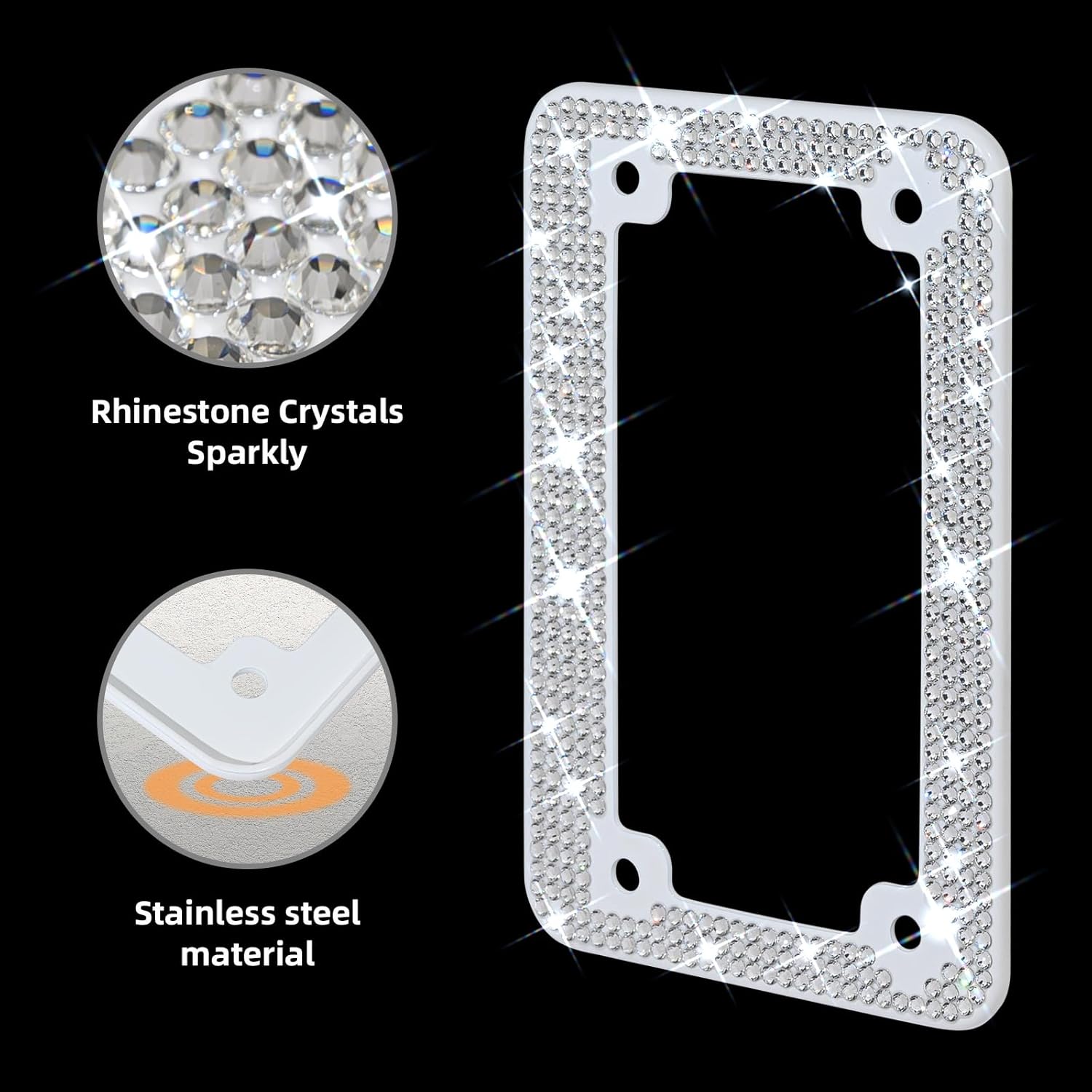 XCLPF Marcos blancos para matrícula de motocicleta,Soporte de placa de motocicleta con diamantes de imitación de diamante,Cubierta de placa de