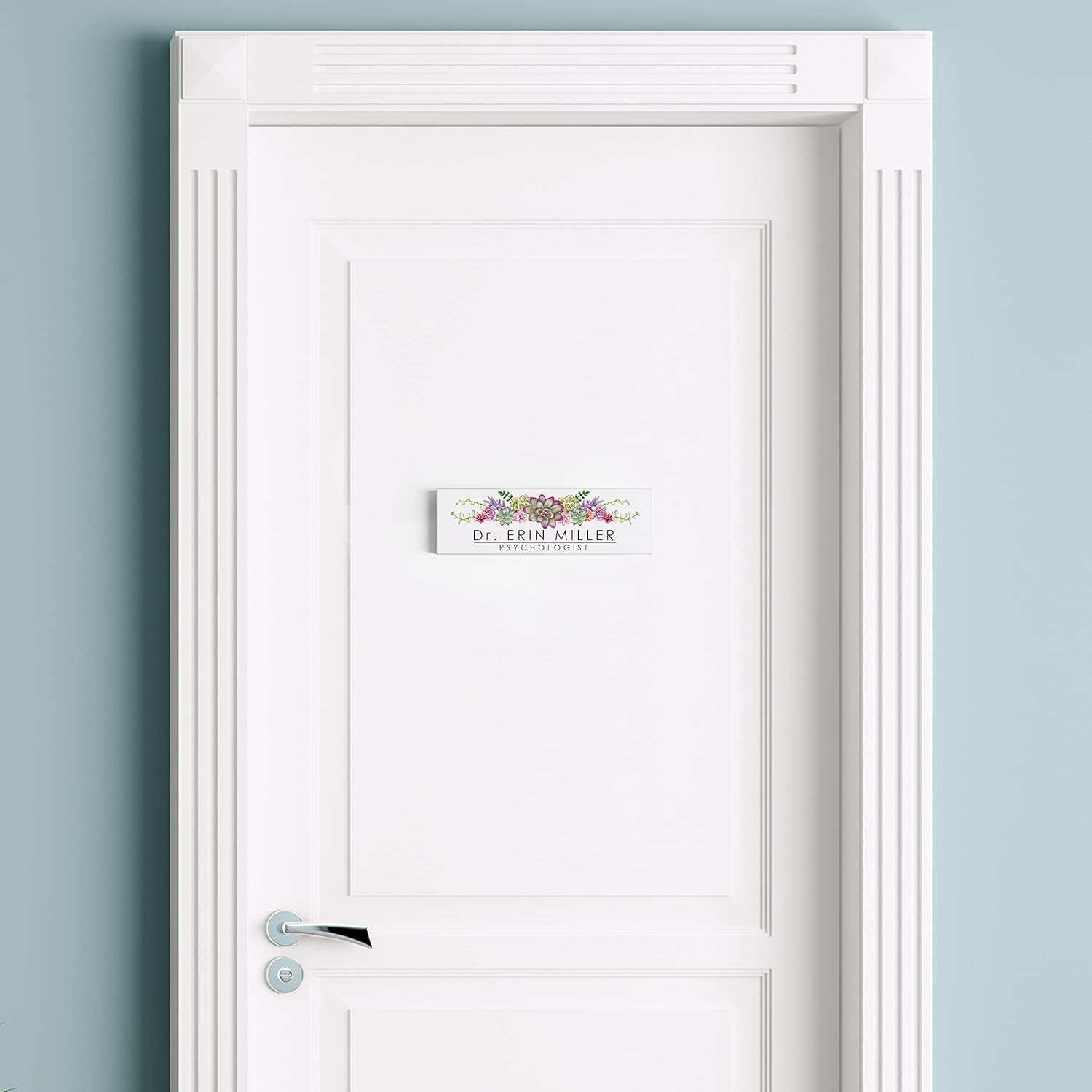Artblox Placa de identificación personalizada de oficina para escritorio con tarjetero en vidrio acrílico transparente, diseño de flores suculentas,