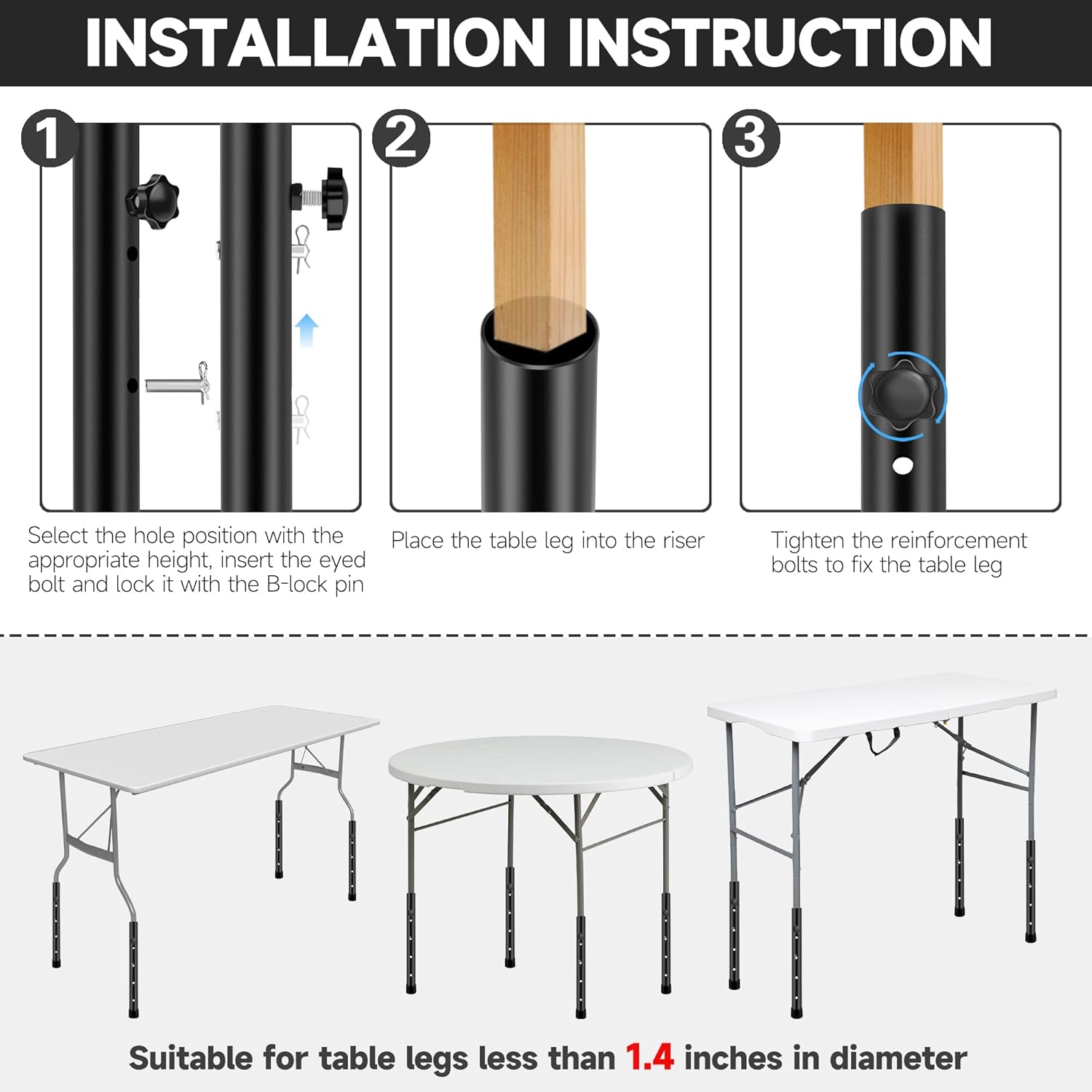 Laowu Extensores de patas de mesa para mesas plegables, extensiones de patas de mesa plegables para patas rectas y dobladas, elevadores de patas de