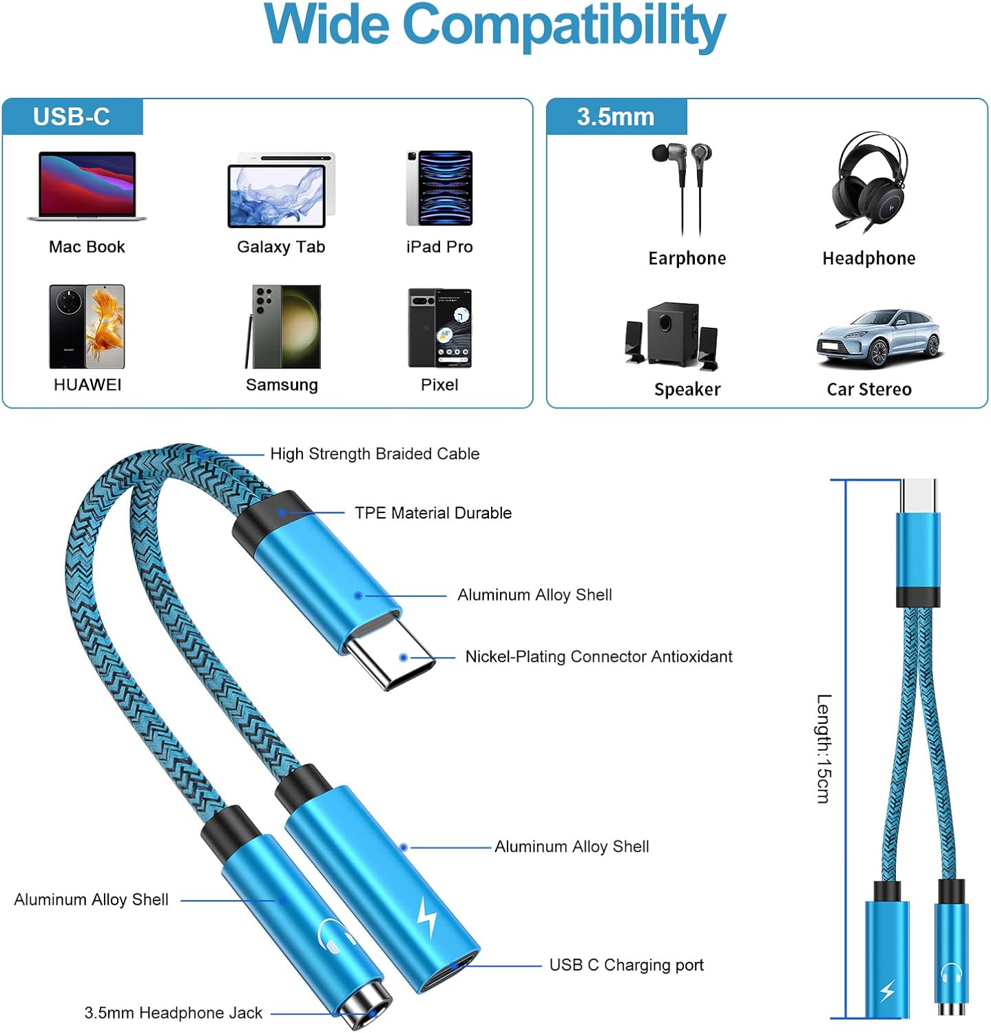 Cable de alimentación USB tipo C de 60 W rápido Samsung y adaptador de auriculares de 0.138 in para Samsung Galaxy S24 S23 Ultra S22 S21 FE S20 A54