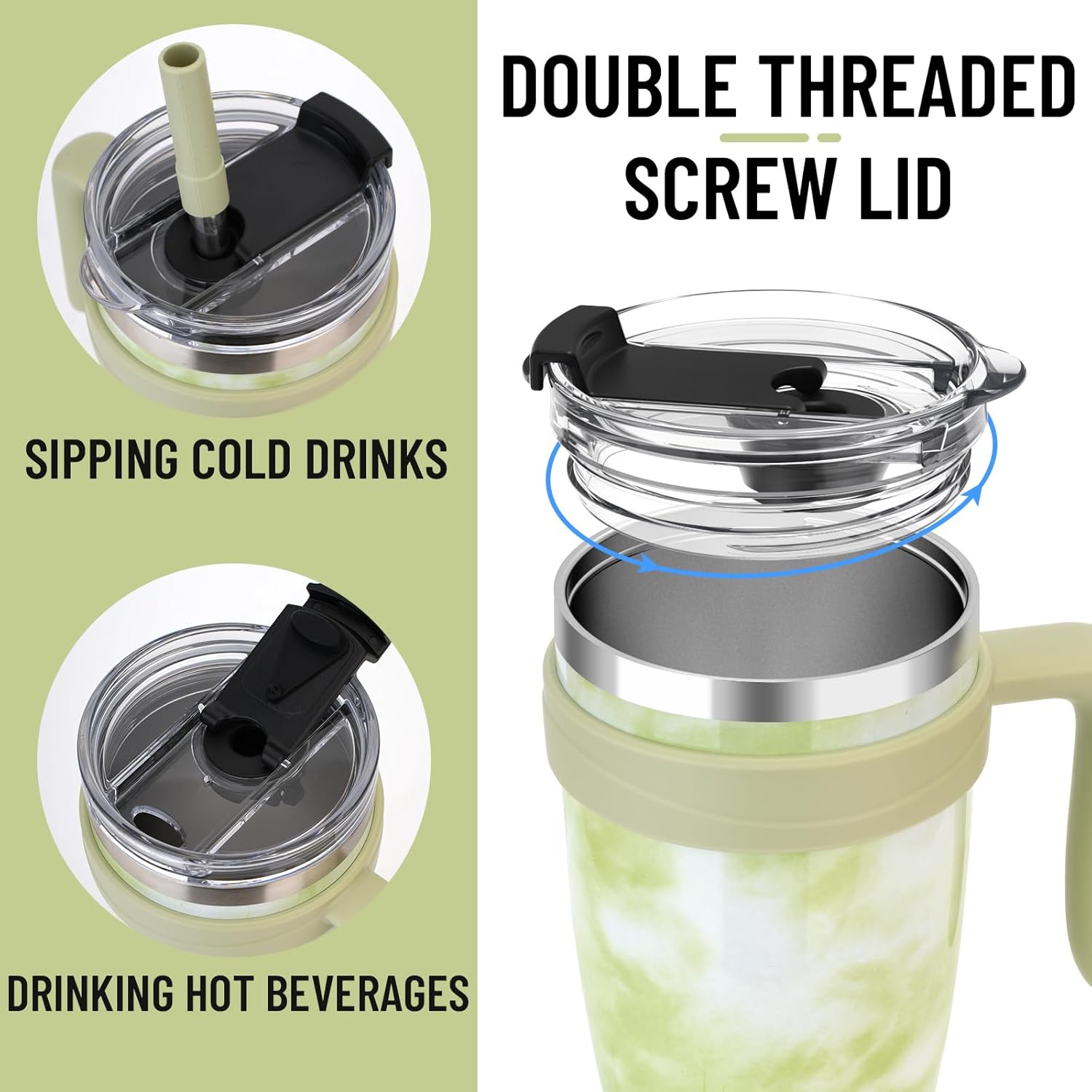 Zukro Vaso de 40 onzas con asa y popote, vaso aislado de acero inoxidable de doble pared con tapa abatible 2 en 1, 100% a prueba de fugas, mantiene