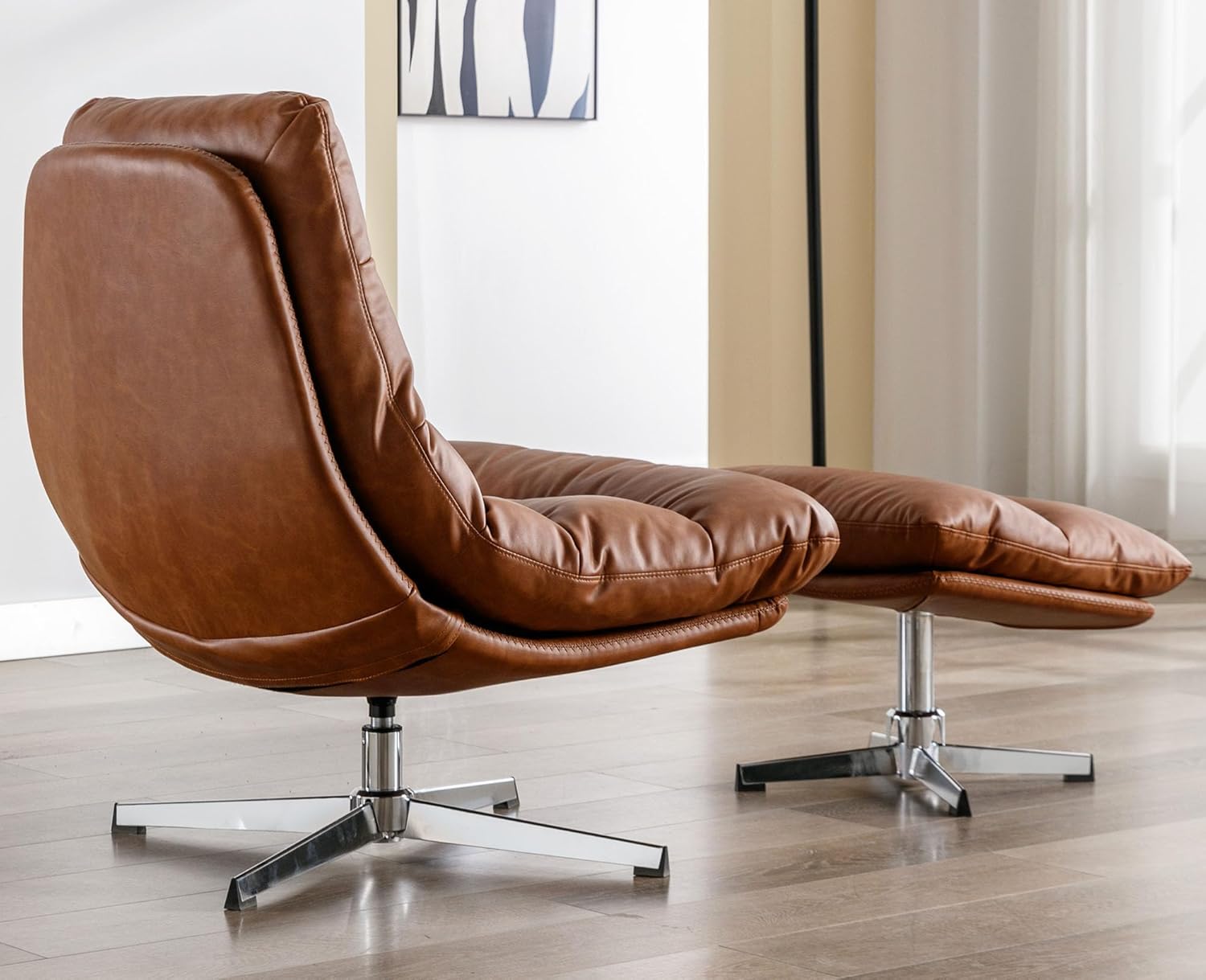 VESCASA Silla decorativa giratoria tapizada con otomana, silla de lectura Leathaire con reposapiés, cómodo juego de sillas de descanso con taburete