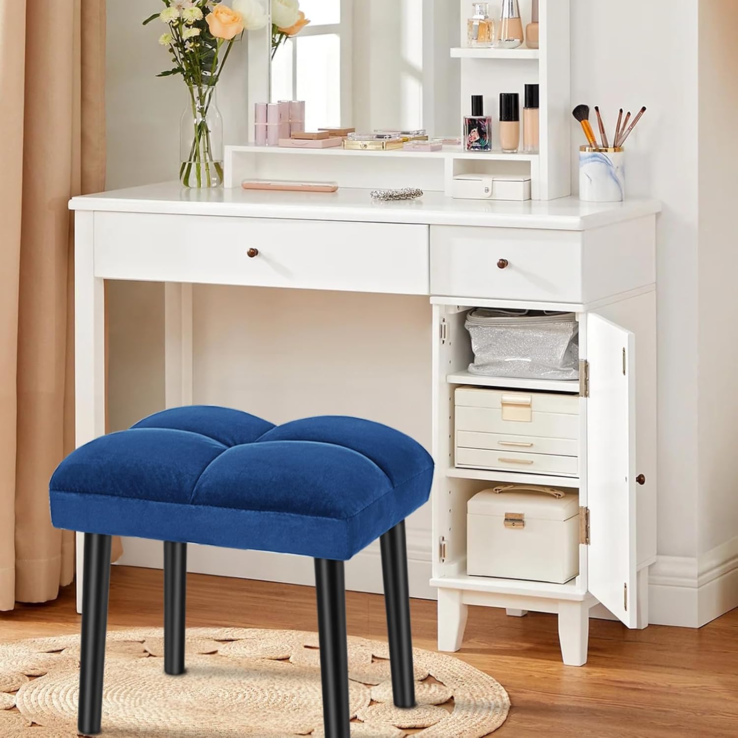 HOUCHICS Taburete otomano suave azul, taburete cuadrado de maquillaje con patas de madera, pequeña silla otomana para tocador, asiento acolchado