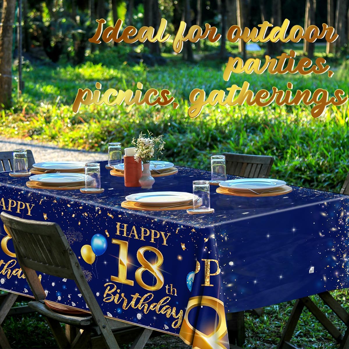 Decoraciones de cumpleaños número 18 para hombre, 3 piezas, color azul marino, fundas rectangulares de plástico impermeables de plástico dorado y