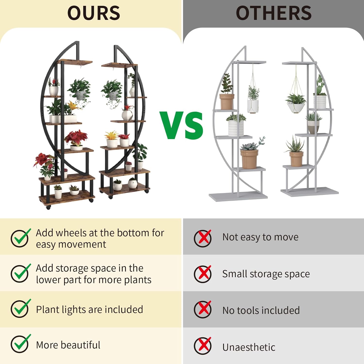 homegroove 2 soportes de metal de 6 niveles altos para plantas de interior con luz de crecimiento, estante grande en forma de media luna y ruedas