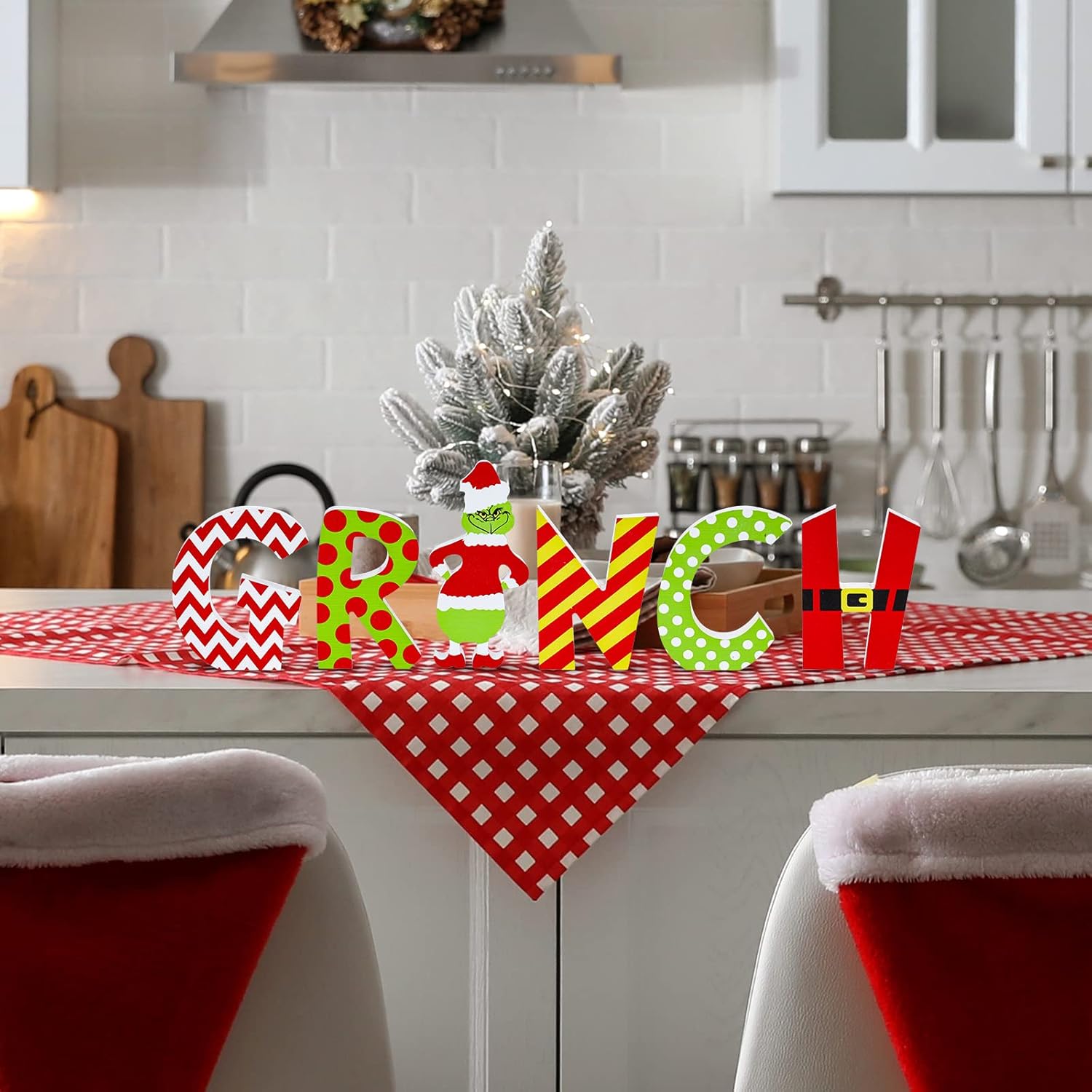 Whaline 6 letreros de madera de Navidad para decoración de mesa, divertidos personajes de dibujos animados, color verde y rojo, bandeja de