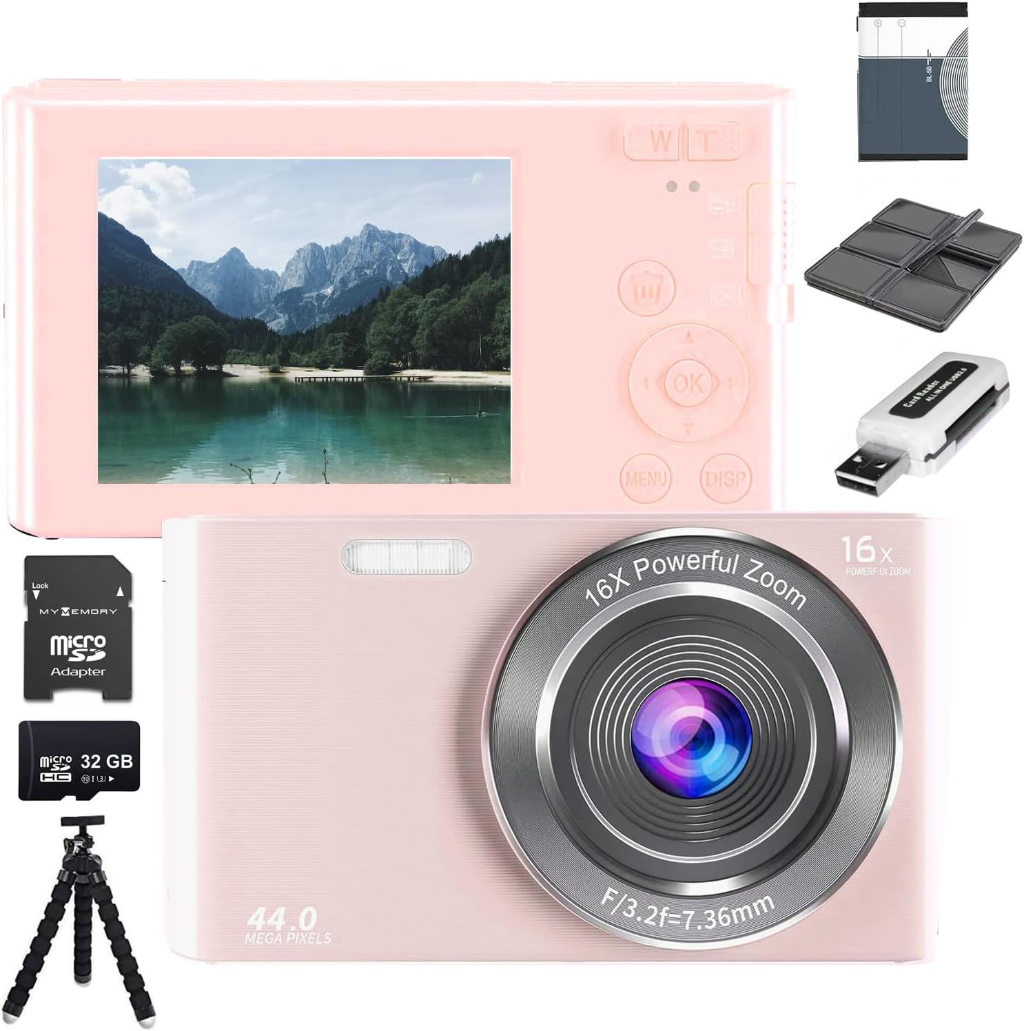 Acuvar Cámara digital compacta de apuntar y disparar de 44 MP, zoom digital de 16X, pantalla de 2.4 pulgadas y tarjeta SD de 32 GB, lector de