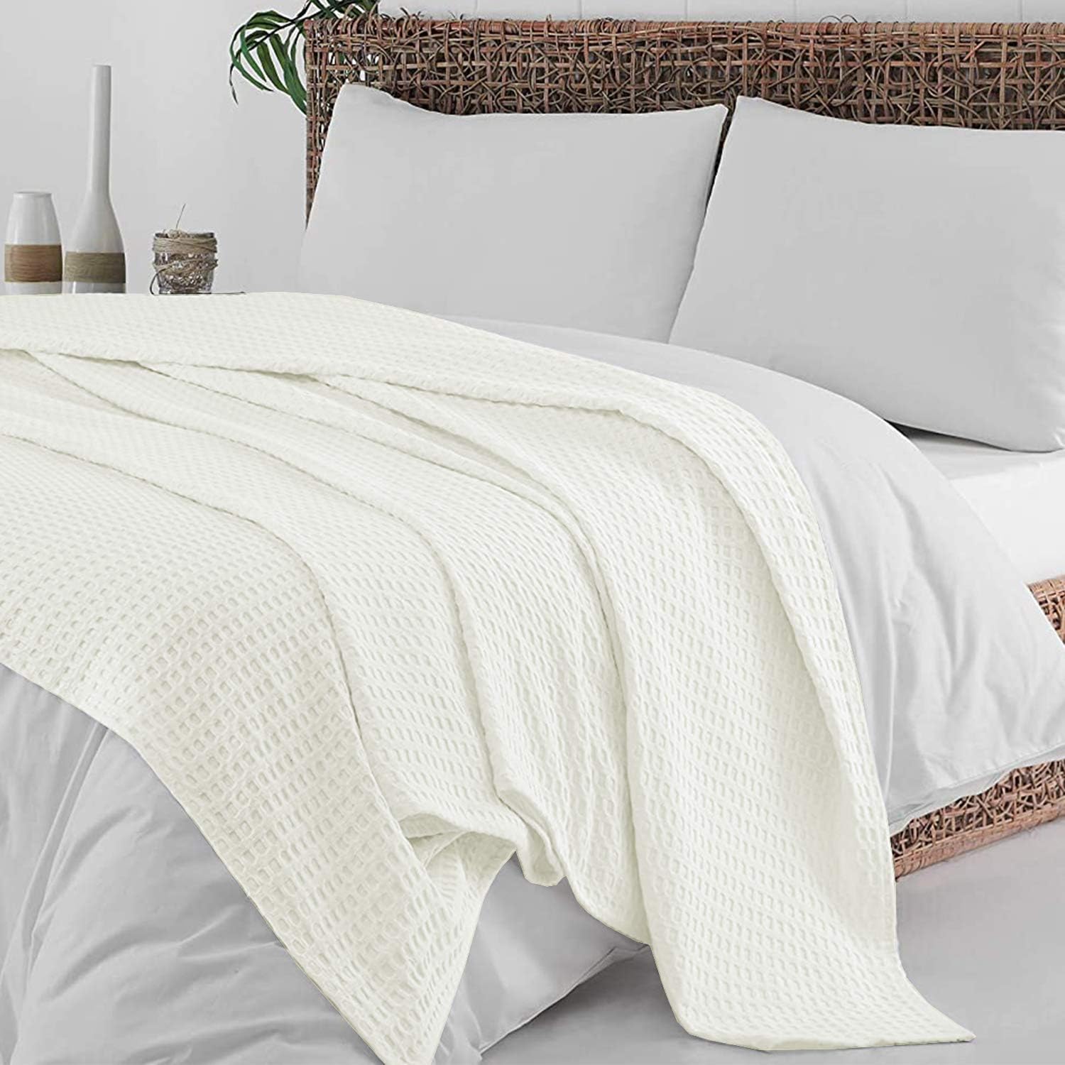 Mantas 100% algodón tamaño Queen para cama  Marfil 405GSM tejido de gofre, suave y ligera, térmica, tamaño Queen, 90 x 90 pulgadas