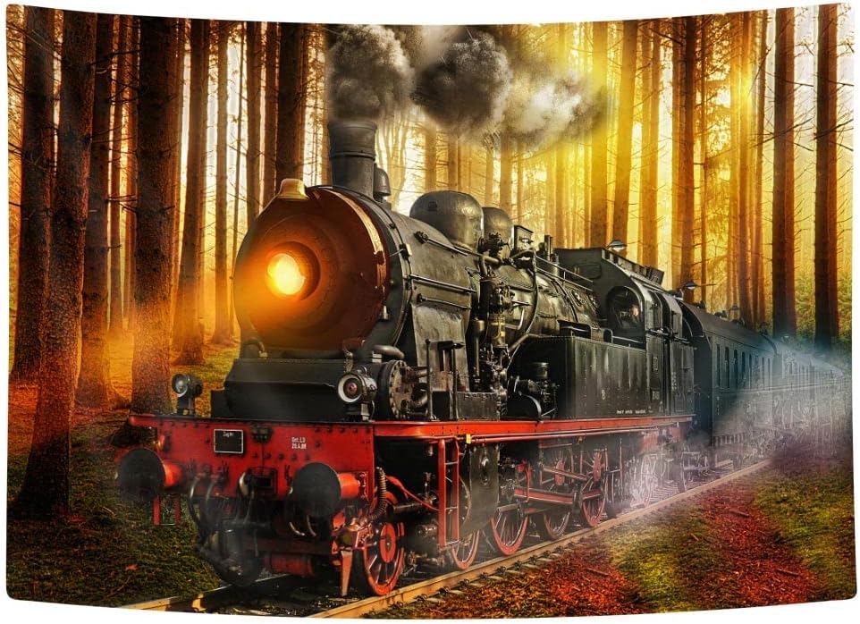 Bzhilja Tapiz de tren de vapor, tapiz vintage retro antiguo de tren de motor, antiguo tren antiguo en vías de ferrocarril, tren expreso, tren de