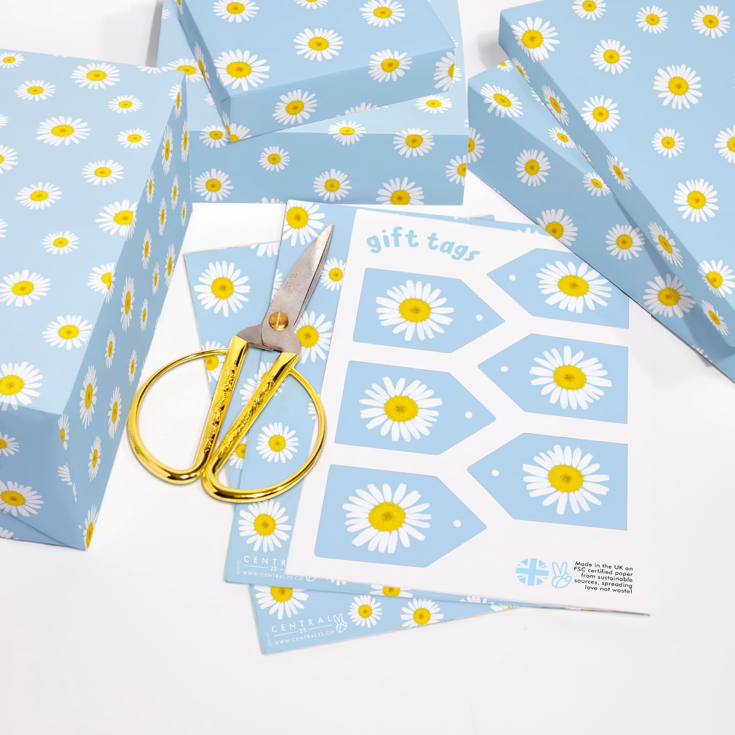 CENTRAL 23 – Papel de regalo de flores – Margaritas azules – 6 hojas de papel de regalo florales – Papel de regalo de margaritas para mujeres – Para