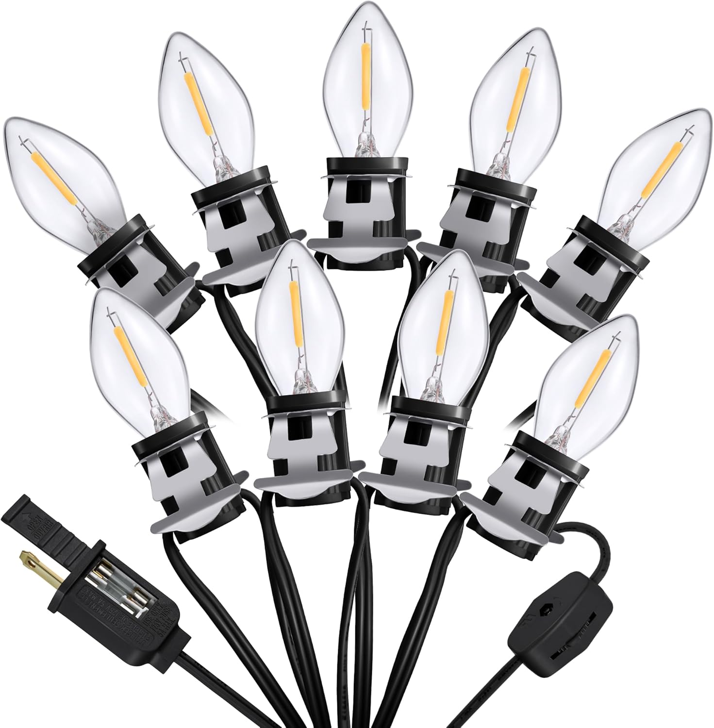 Cable de accesorio con 9 bombillas LED de 16.4 pies, cable C7 con clip de luces con doble fusible de repuesto, molde de soplado, decoración de
