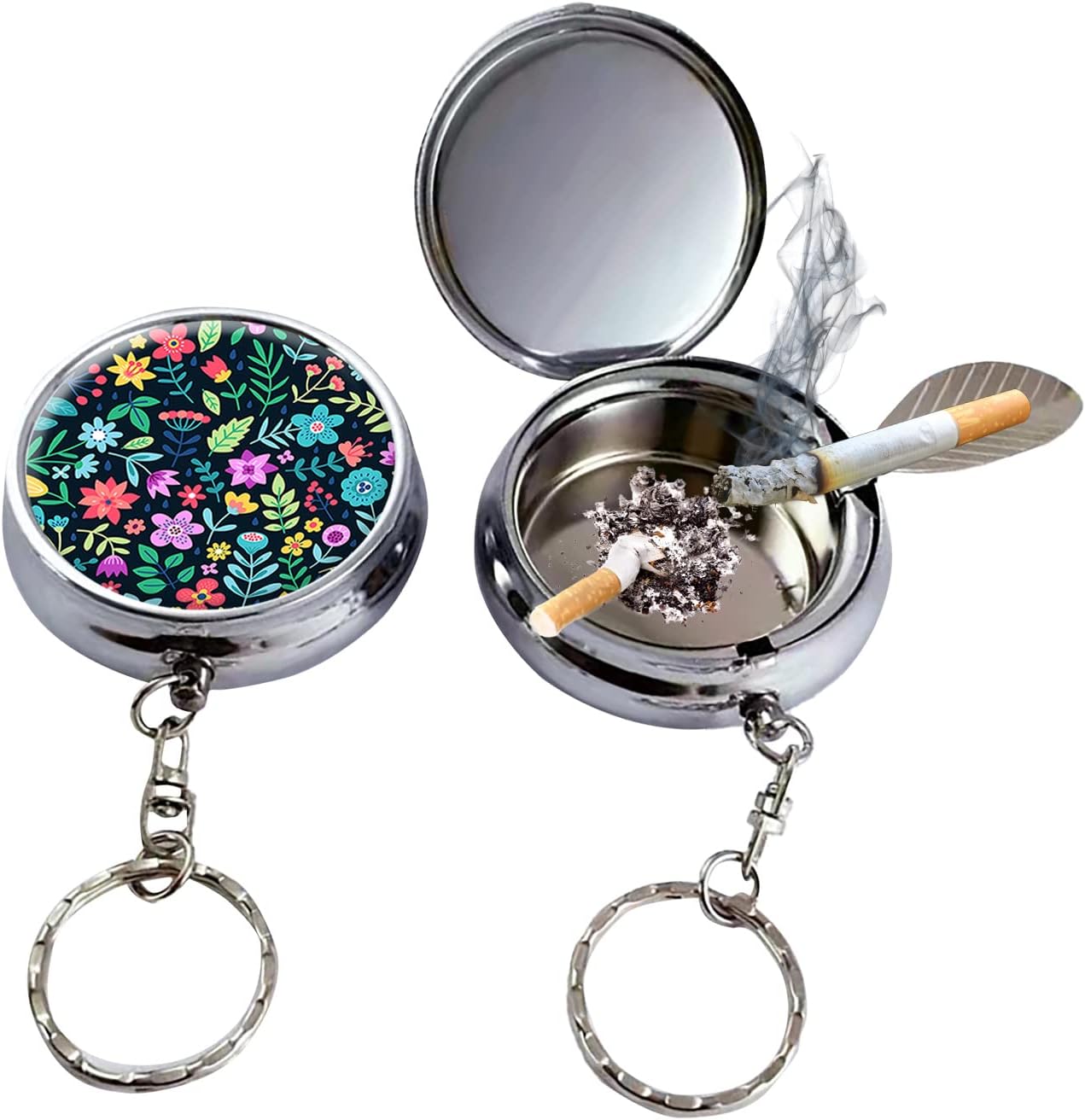 Cenicero de bolsillo portátil, llavero circular de acero inoxidable con desinflador de cigarrillos, soporte personalizado para cenicero para uso