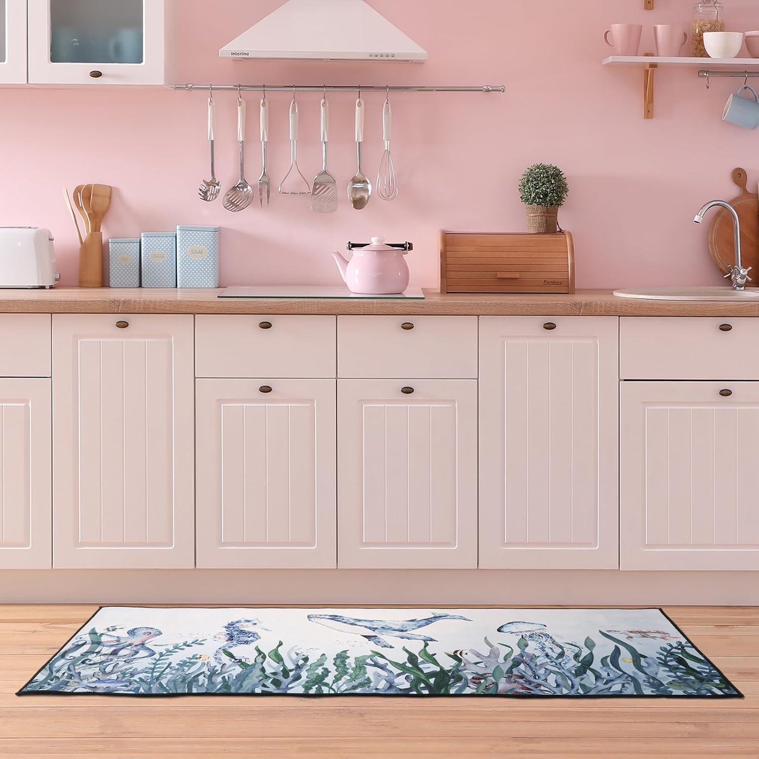 Bencailor Juego de 2 tapetes de cocina con diseño de océano navideño, ballena, caballito de mar, antideslizantes, impermeables, para decoración de