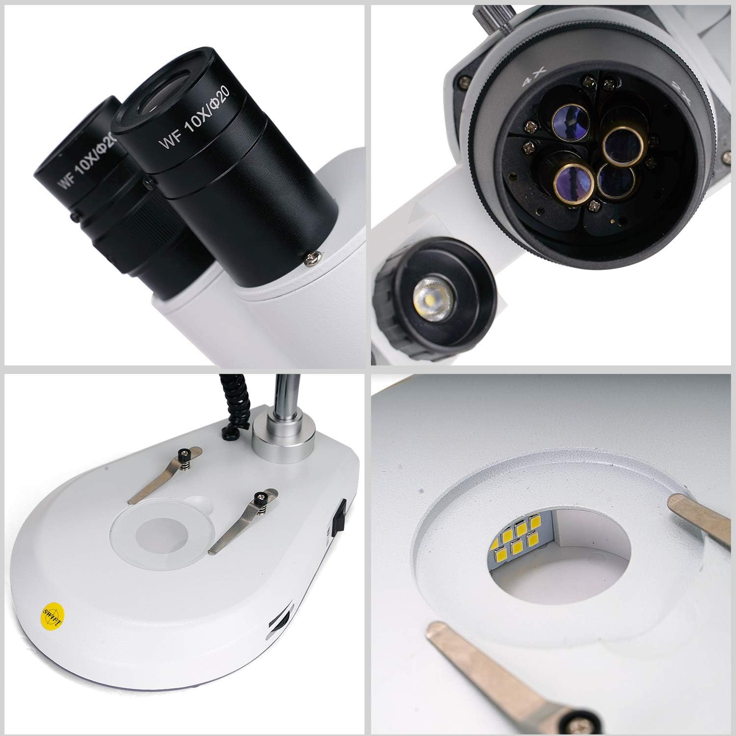 Swift S306S-20-2L 20X40X80X Ampliación delantera montada 360 microscopio estéreo binocular giratorio, oculares de campo ancho 10X y 20X, iluminación