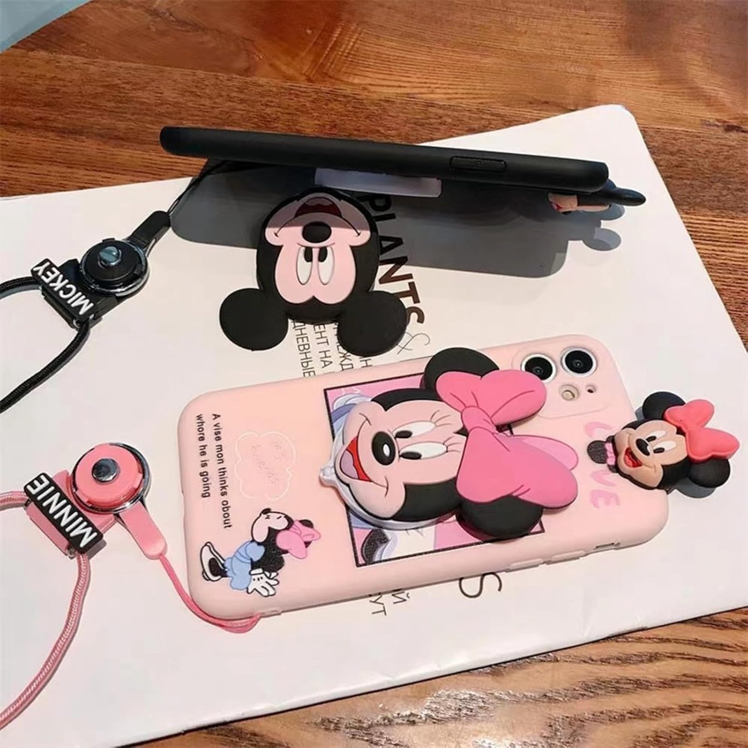 Funda de dibujos animados para iPhone 13 Pro Max de 6.7 pulgadas, con protector de pantalla HD, bonita funda de teléfono Kawaii Minnie con banda de