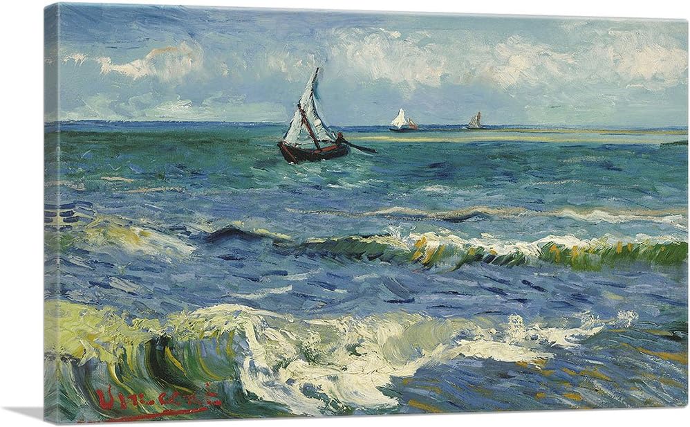 ARTCANVAS Vincent Van Gogh – Lienzo decorativo con texto en inglés The Sea at Les Saintes-Maries, 1888, pintura enmarcada y estirada, póster para