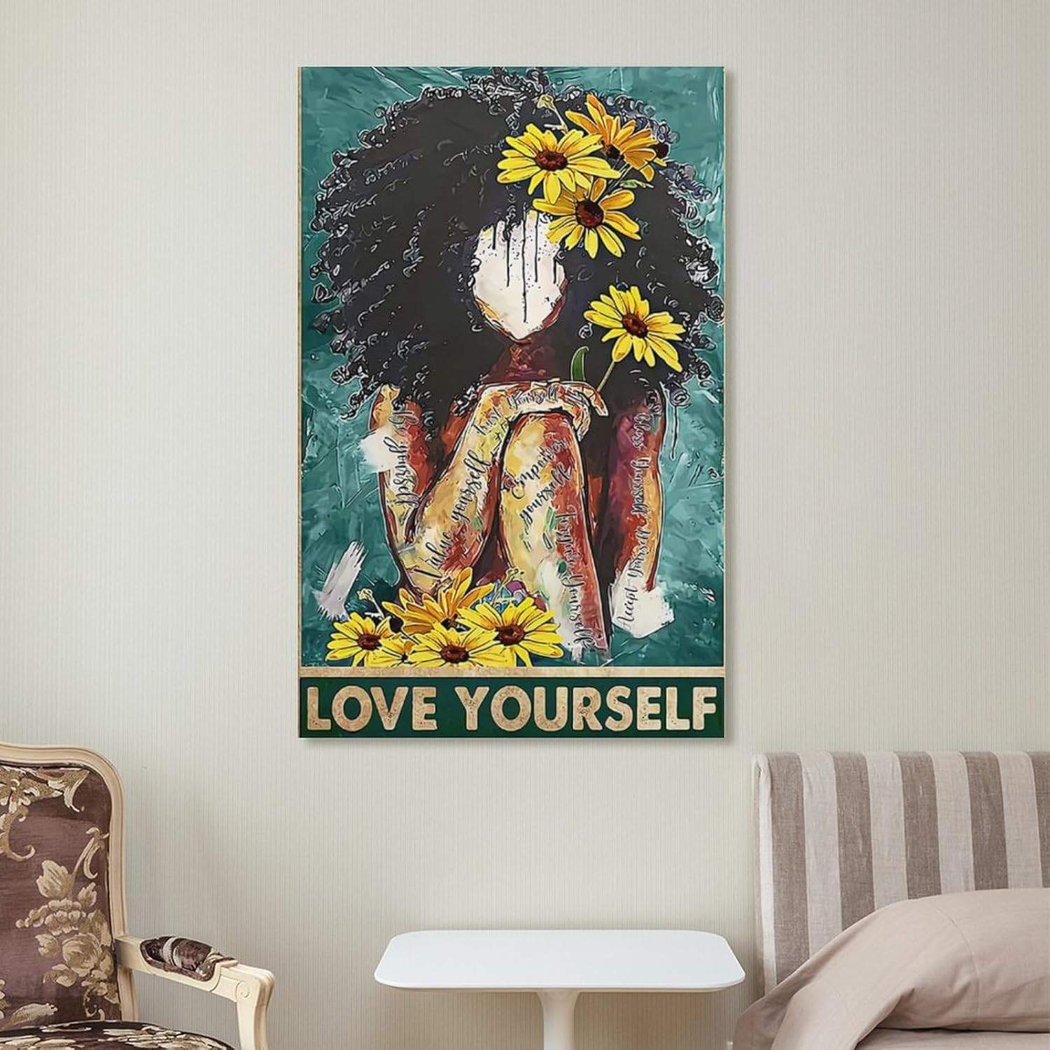 DAXXIN Póster de Love Yourself Value Your Self Black Girl with Girasol, arte de chica afro, mujeres negras, S lienzo para decoración de pared, para