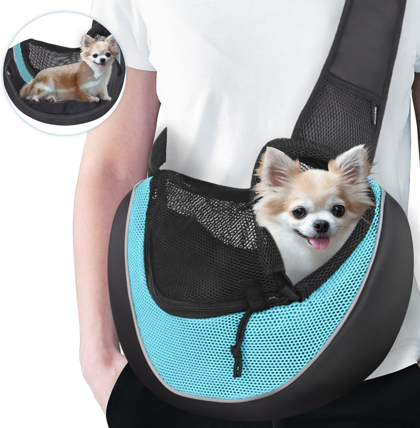 WOYYHO Arnés transportador para perros pequeños, transpirable, para perros pequeños y medianos, ajustable, para viajes con parte inferior, cian,