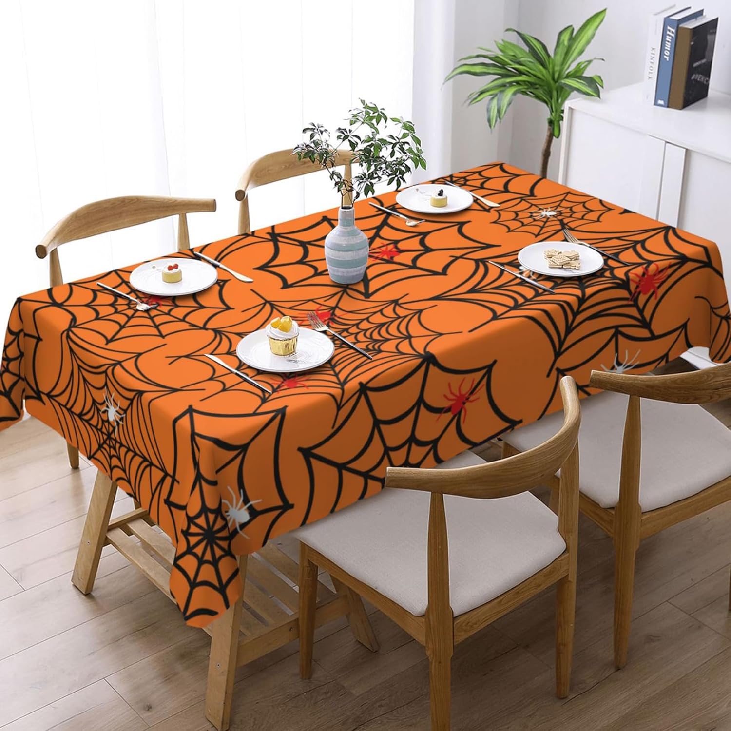 Rectangle Halloween Tablecloth 60 X 84 inch Spider Web Orange Table Cloth Waterproof Holiday Table Decorations for Party Home Kitchen Dining