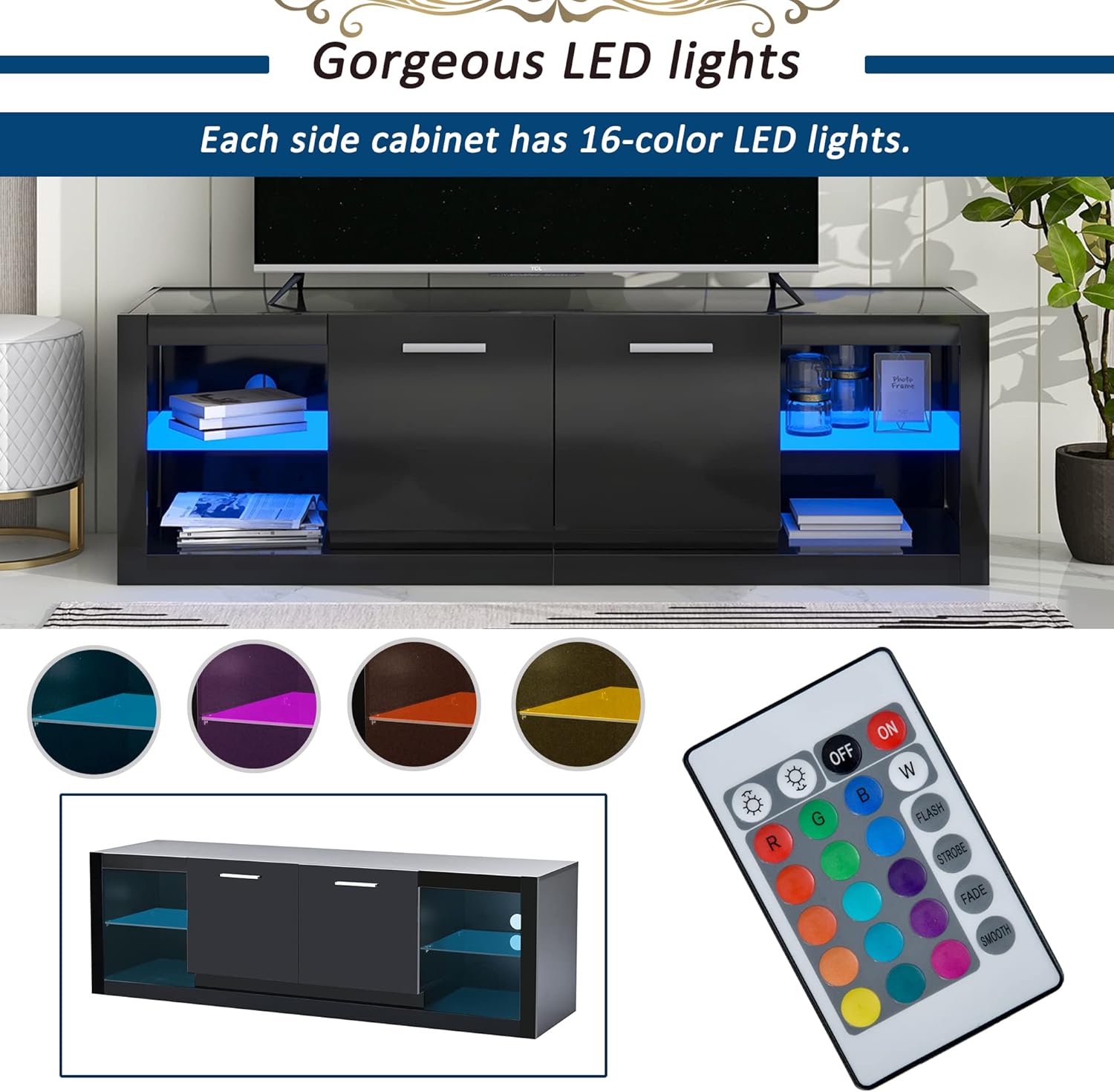 P PURLOVE Soporte de TV moderno con almacenamiento, soporte de TV LED negro, centro de entretenimiento para juegos, gabinete de TV con luces LED que