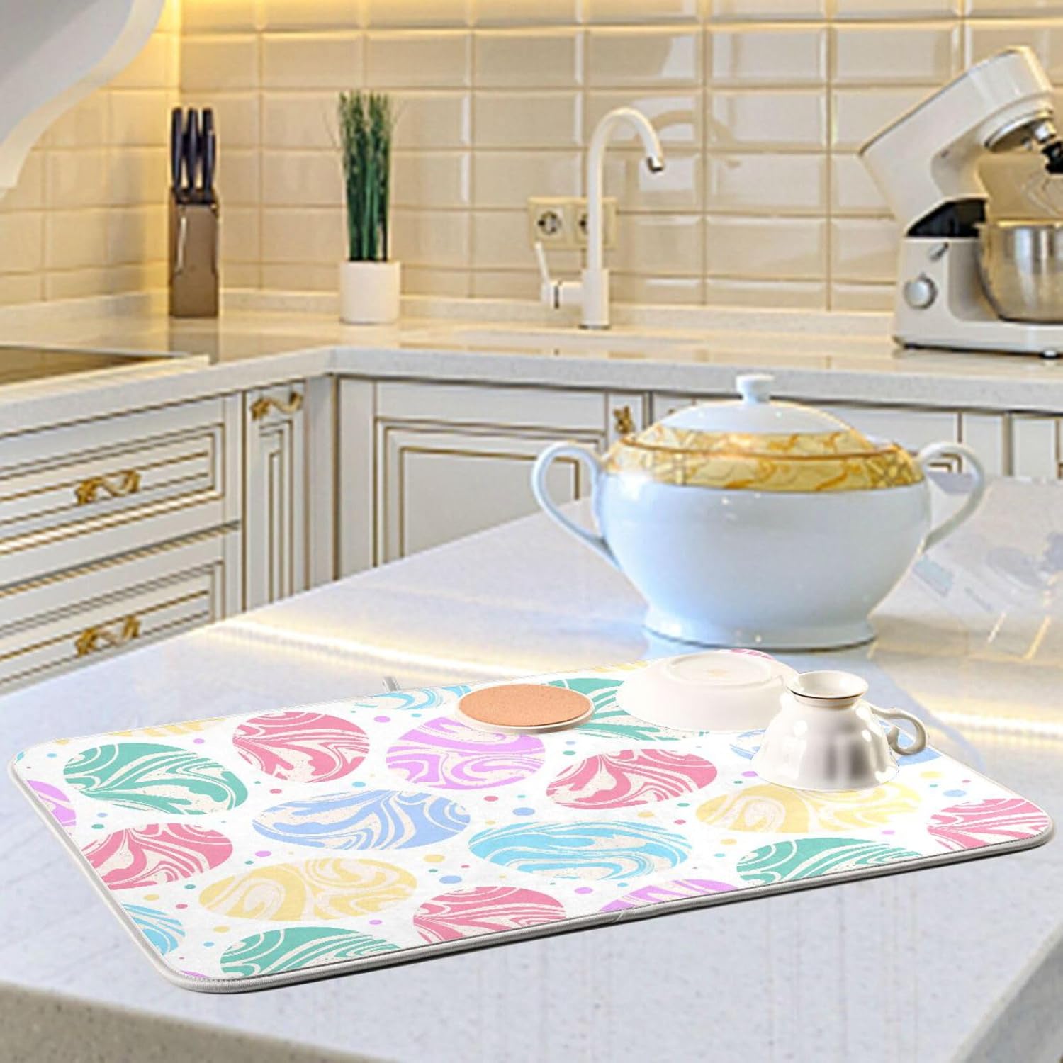 Colorful Marbled Easter Eggs Dish Drying Mat Washnable Absorbent Drying Mat Kitchen Counter Countertop Drying Mat Tapete Para Cocina 16” x 18”