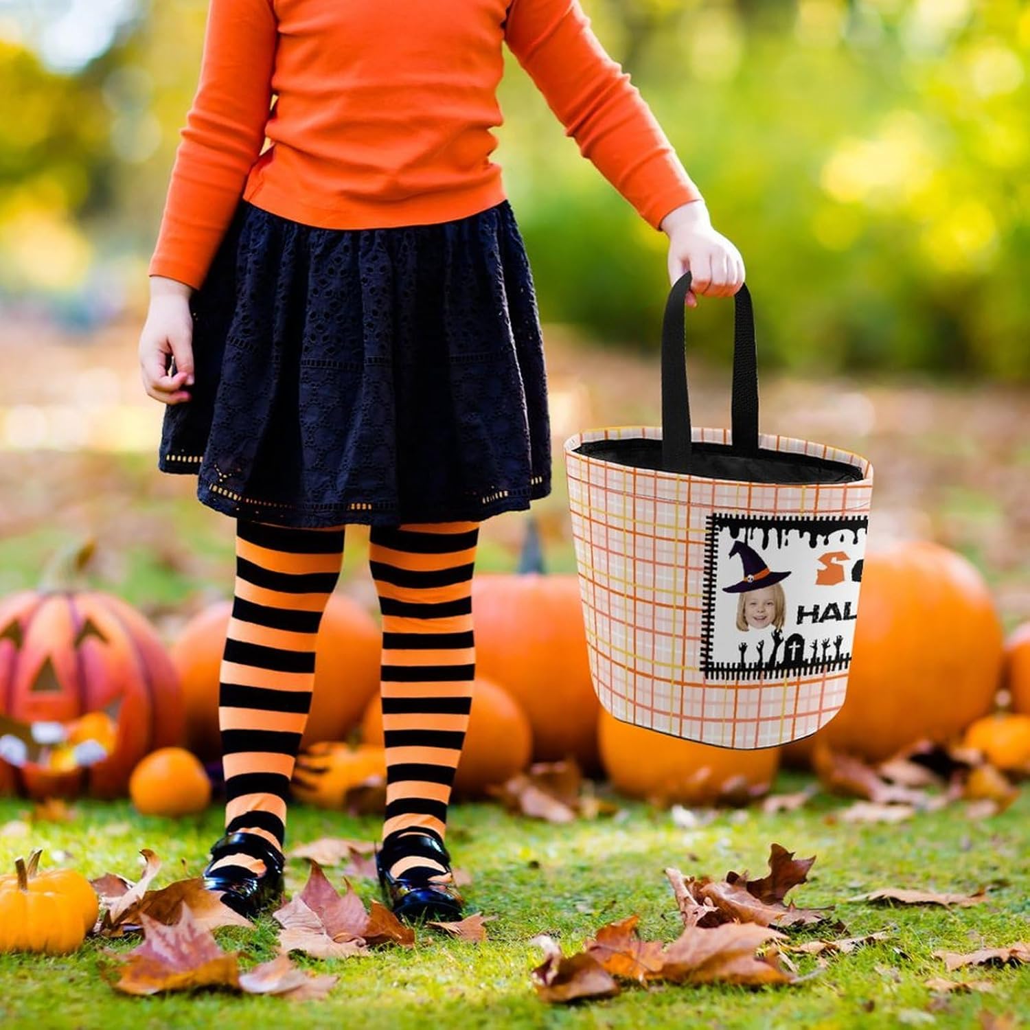 Artsadd Canasta de dulces de Halloween personalizada con foto con nombre, bolsa personalizada para pedir dulces o truco, cubo para dulces para
