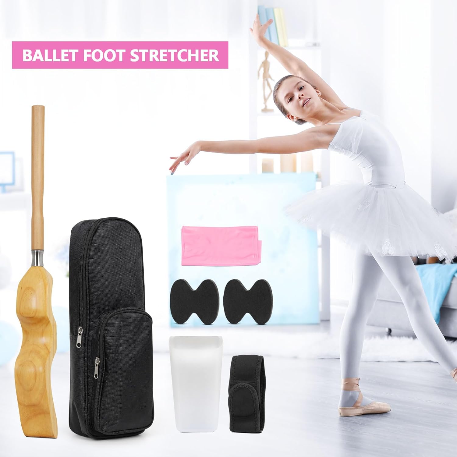 Uboway Estirador de pie de ballet, equipo de estiramiento de baile portátil con banda elástica, dos almohadillas, correa para las piernas, bolsa
