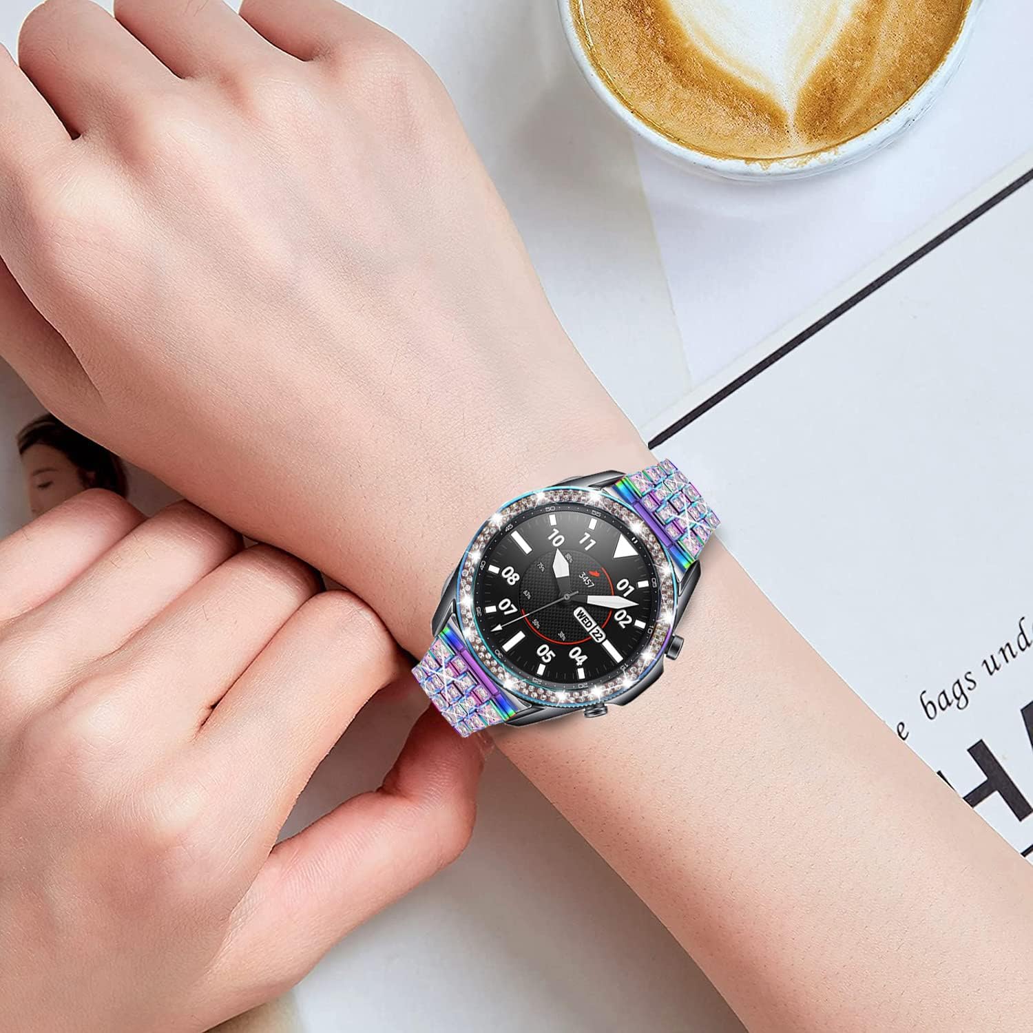 DEALELE Correas compatibles con Samsung Galaxy Watch 3 (1.772 pulgadas), correa de metal inoxidable con diamantes de imitación completos de 0.872