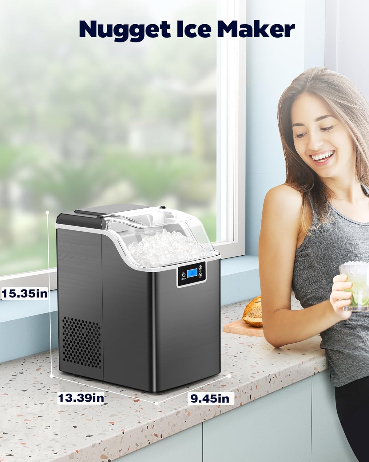 Kndko Nugget – Máquina de hielo triturado, 45 librasdía, temporizador de 24 horas, máquina de hielo autolimpiante, cubos de hielo para fiesta de bar