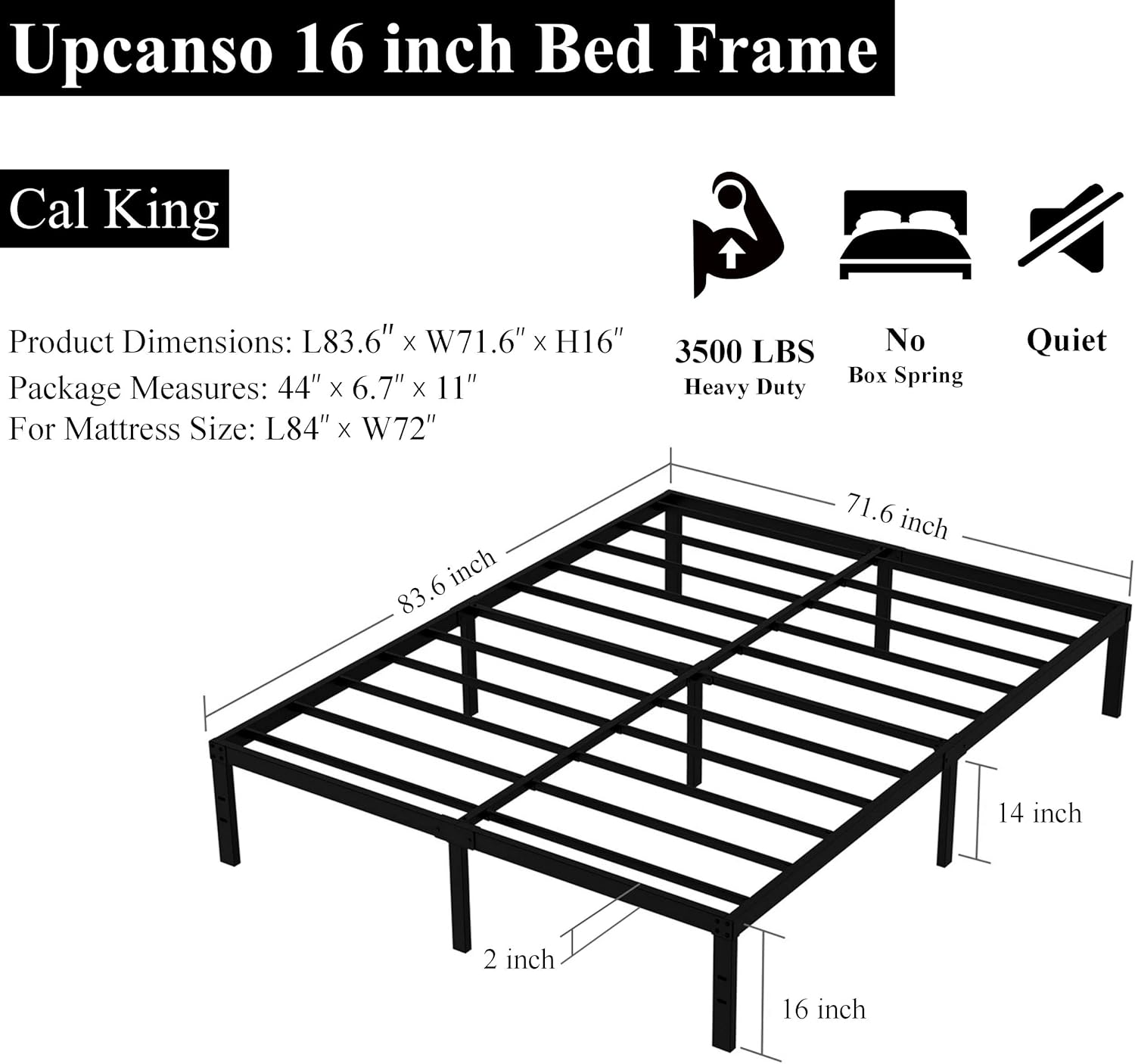 Base de cama California King de 16 pulgadas, no necesita somier, base de cama California King con almacenamiento de 14 pulgadas, soporte de listones