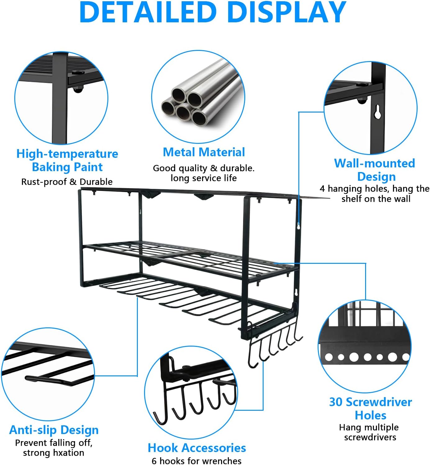 XITAO Organizador de herramientas eléctricas, soporte de pared, 7 soportes para taladro con tableros de clavijas laterales y ganchos, estante de