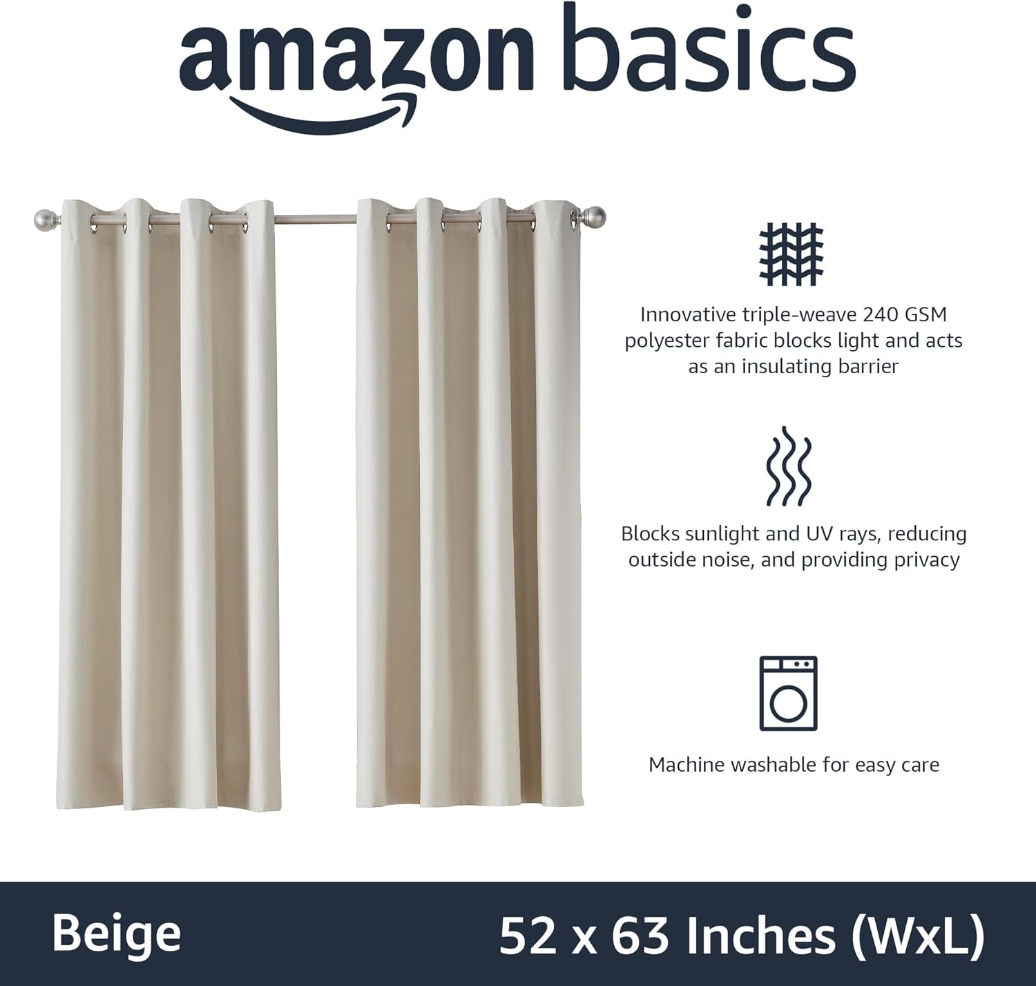 Tienda Basics Cortina opaca para ventana con ojales, 52 x 63 pulgadas, color beige, juego de 2