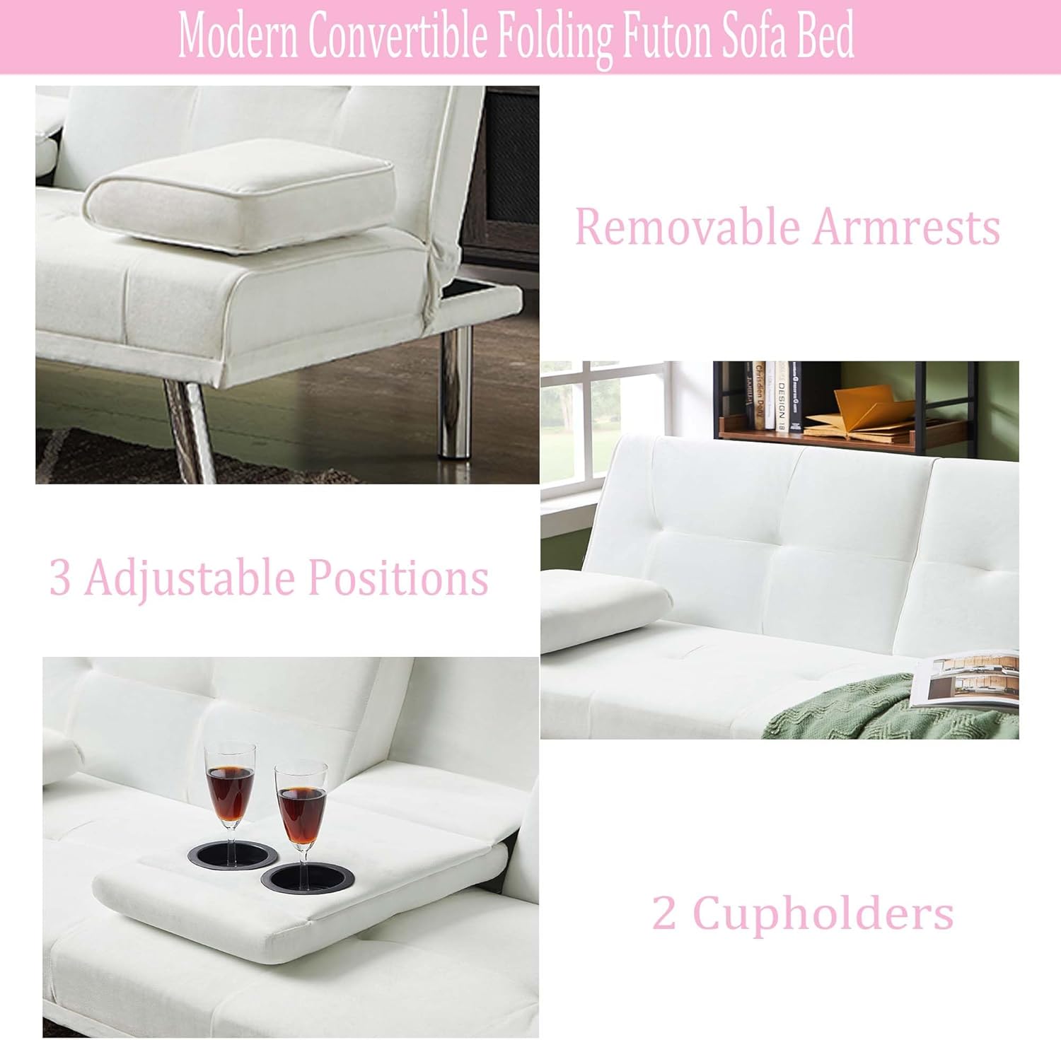 Mdhitsox Moderno sofá cama futón de terciopelo con 2 portavasos, sofá cama convertible con 3 respaldos ajustables y patas de metal, sofá biplaza