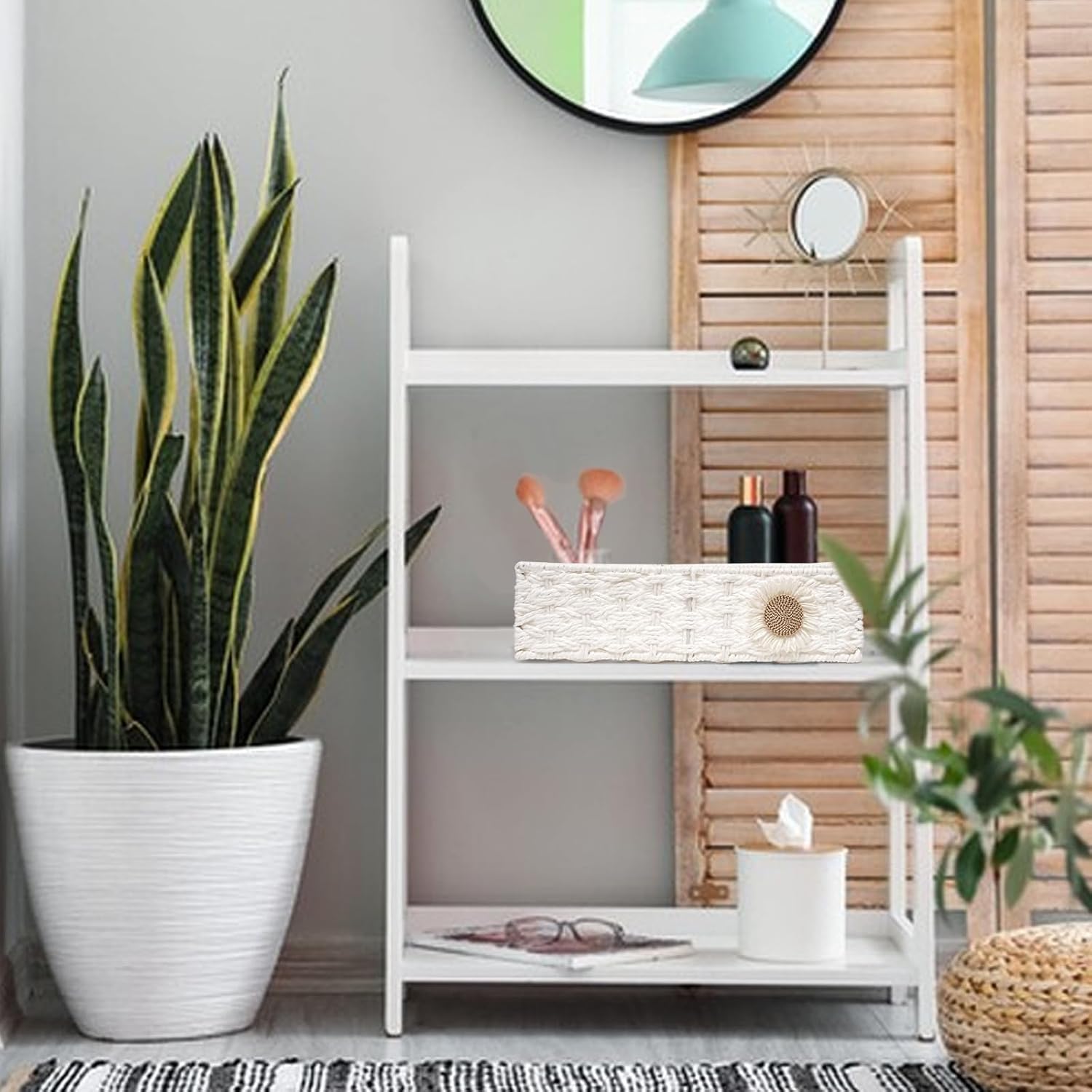 DUOER Cesta de papel higiénico para decoración de baño, cesta para organizar bandeja de baño para mostrador, cesta de almacenamiento para