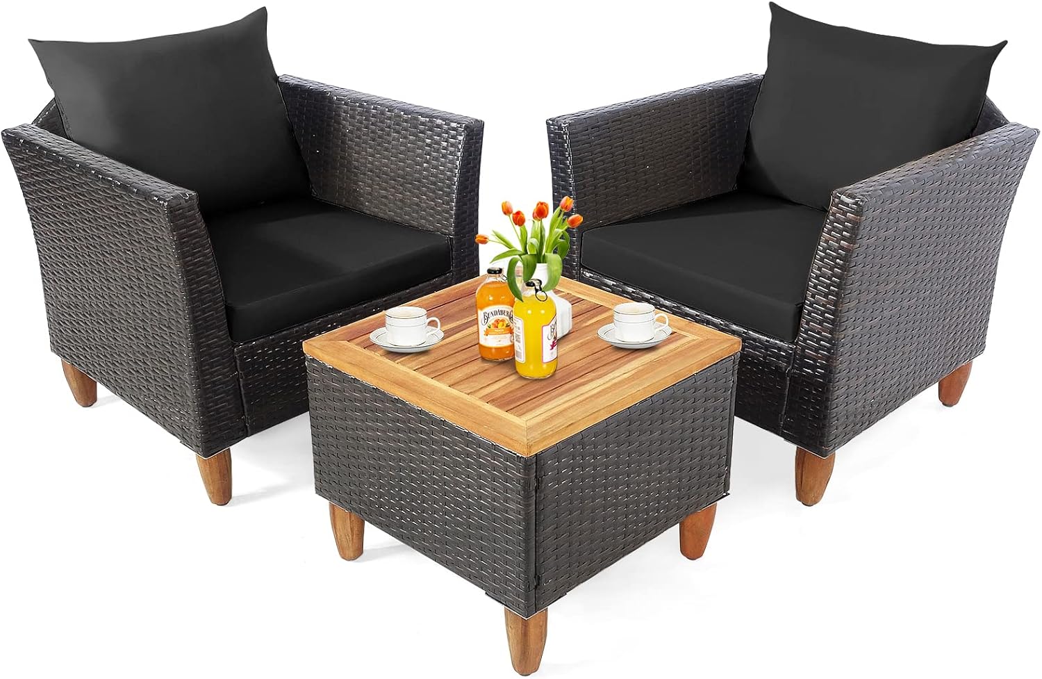 Tangkula Patiojoy Juego de muebles de patio de 3 piezas, juego de bistró de mimbre de polietileno para exteriores con cojines suaves y madera de