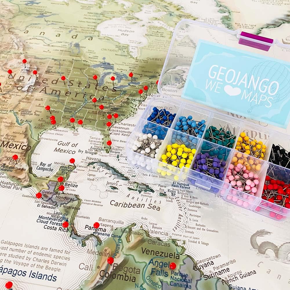 GEOJANGO Personalized Push Pin World Travel Map with Pins – Large Wall Art Stretched Canvas, Rolled Poster, or Framed Map – Nautilus Handmade Custom