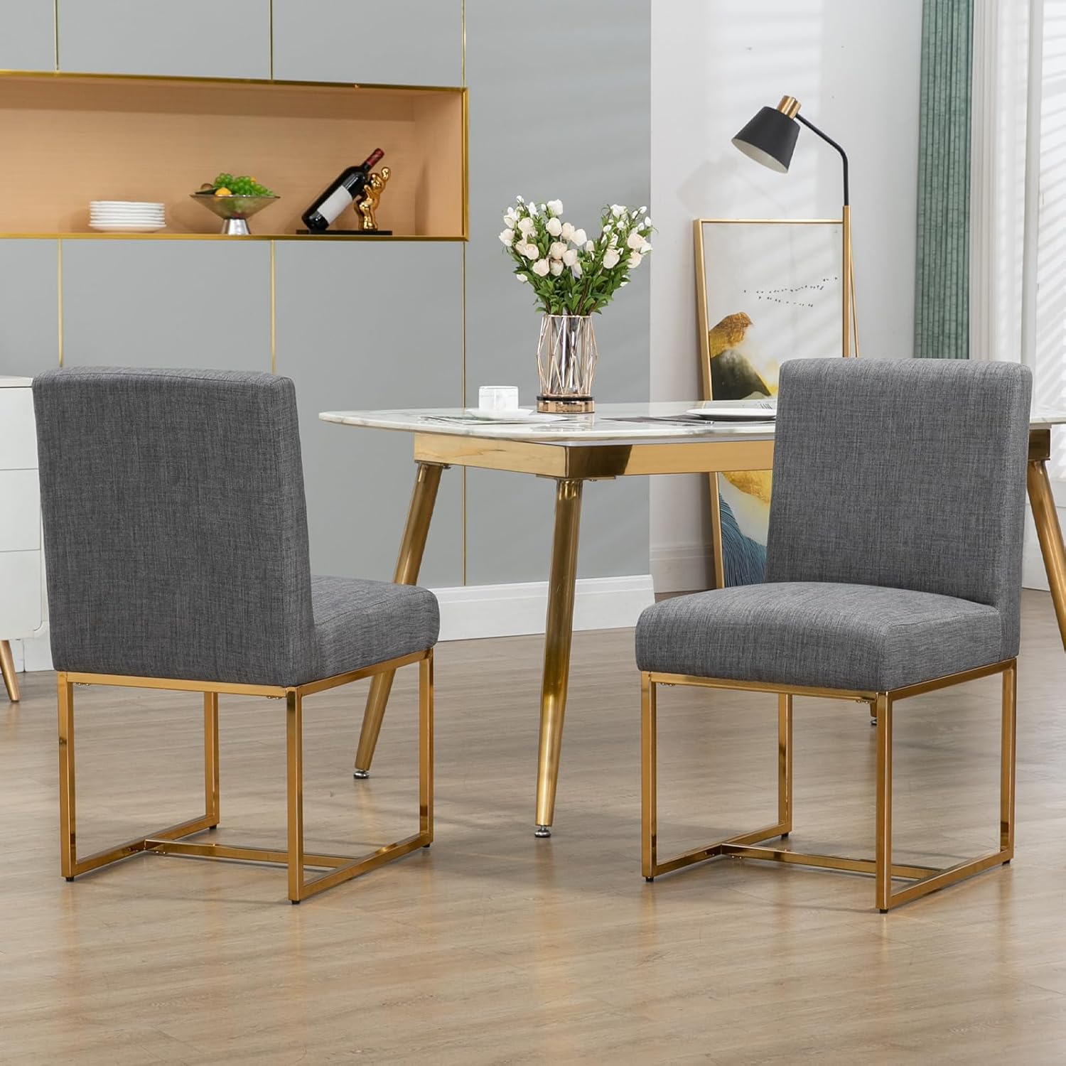 Newnno Juego de 2 sillas de comedor modernas de mediados de siglo, sillas tapizadas de lino con respaldo alto para cocina y comedor con marco de