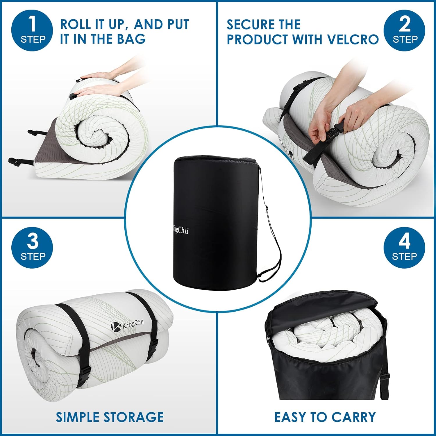 KingChii Colchón de espuma viscoelástica completa de 3 pulgadas de grosor con soporte 50D, funda de tela de punto de seda de hielo, enrollable