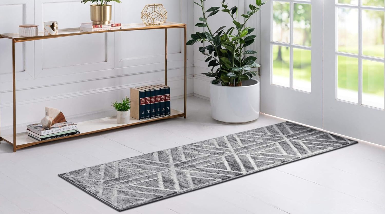 Unique Loom Matrix Trellis Collection – Alfombra de área con diseño (2 pies 7 pulgadas x 13 pies 1 pulgada, grismarfil)